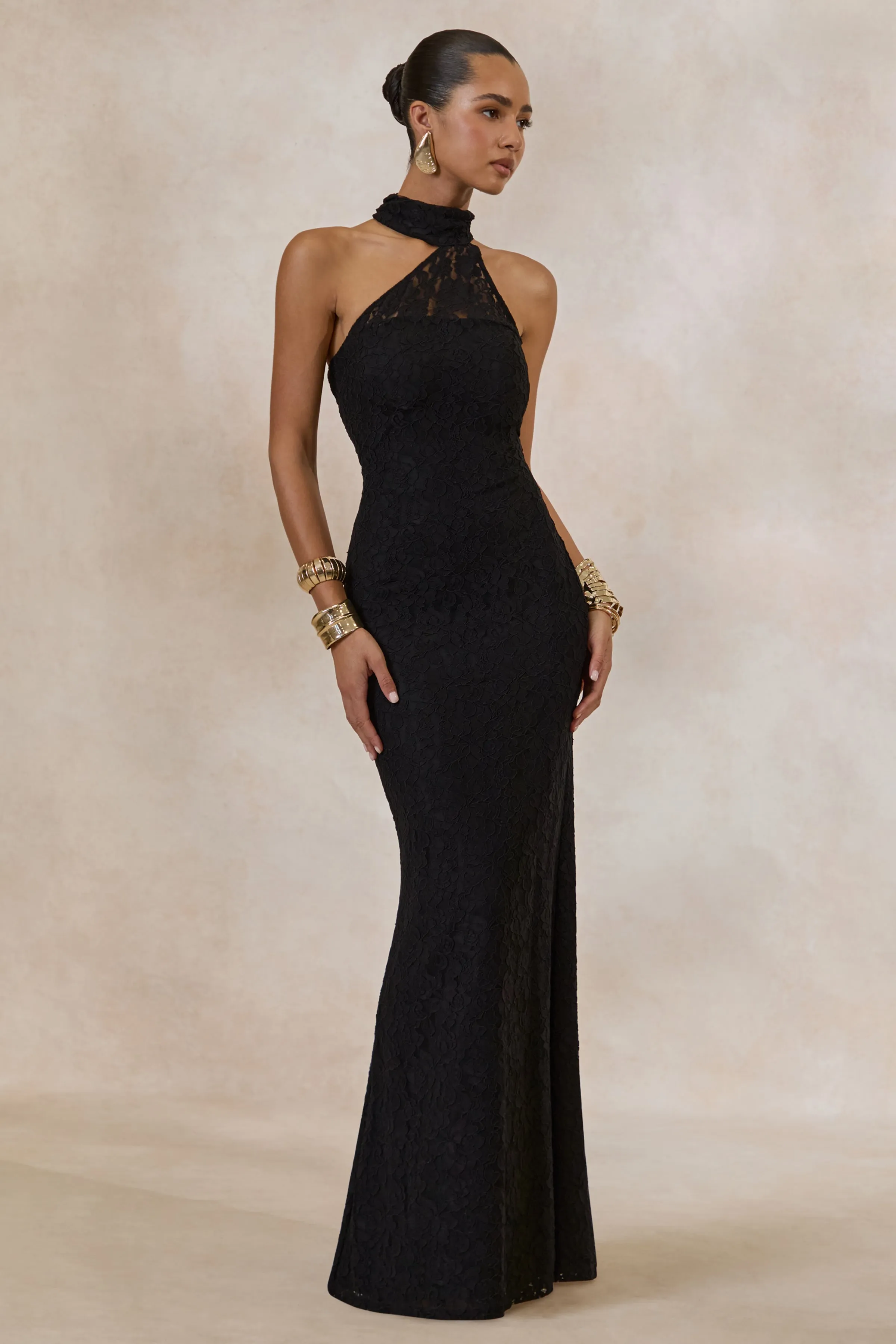 Almaria | Black Lace Asymmetric-Neck Maxi Dress With Collar-Detail sold by Club L London product image thumbnail 4