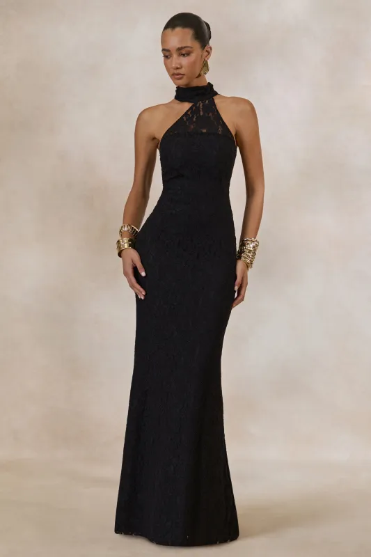 Almaria | Black Lace Asymmetric-Neck Maxi Dress With Collar-Detail made by Club L London