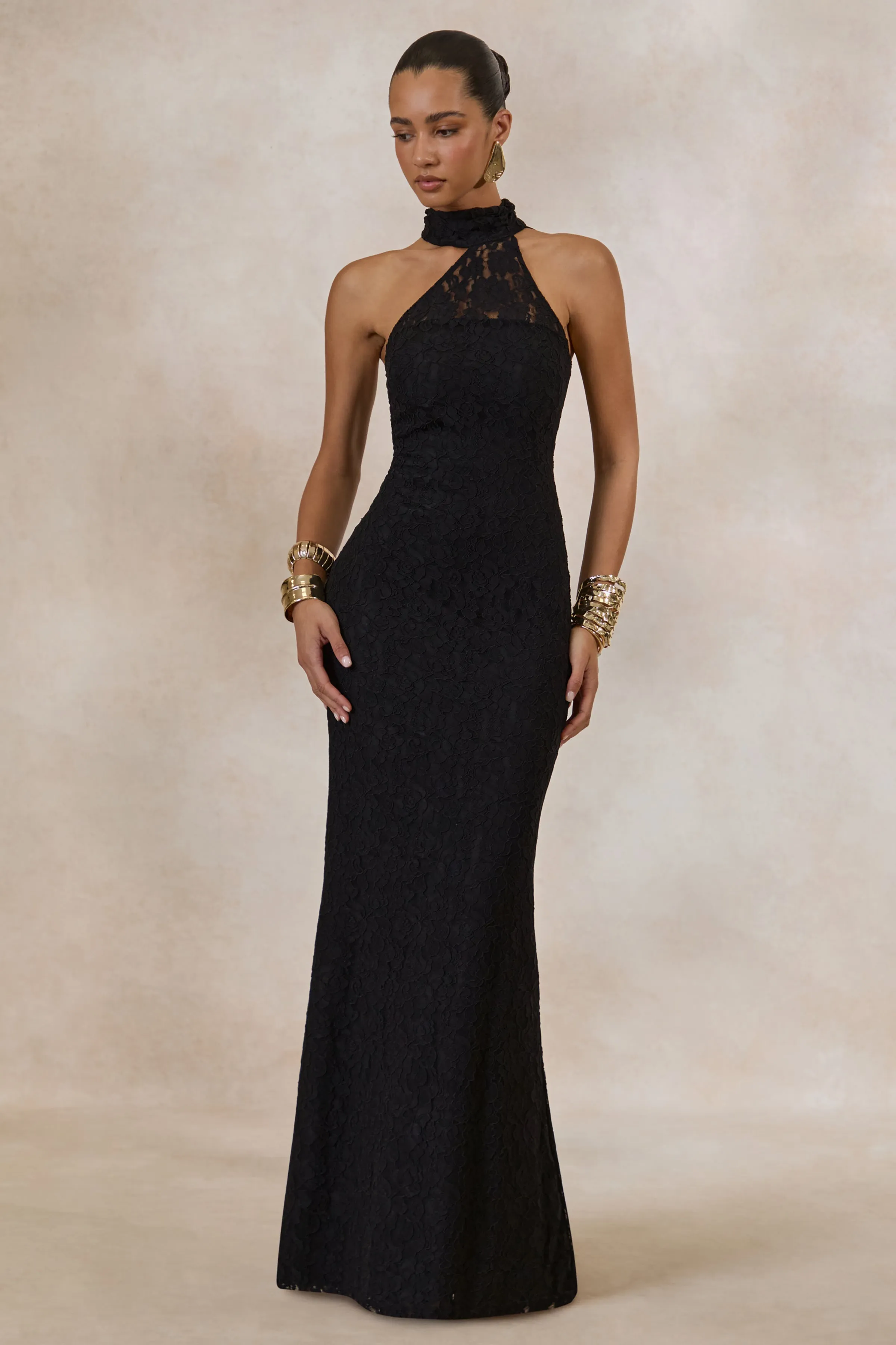 Almaria | Black Lace Asymmetric-Neck Maxi Dress With Collar-Detail sold by Club L London