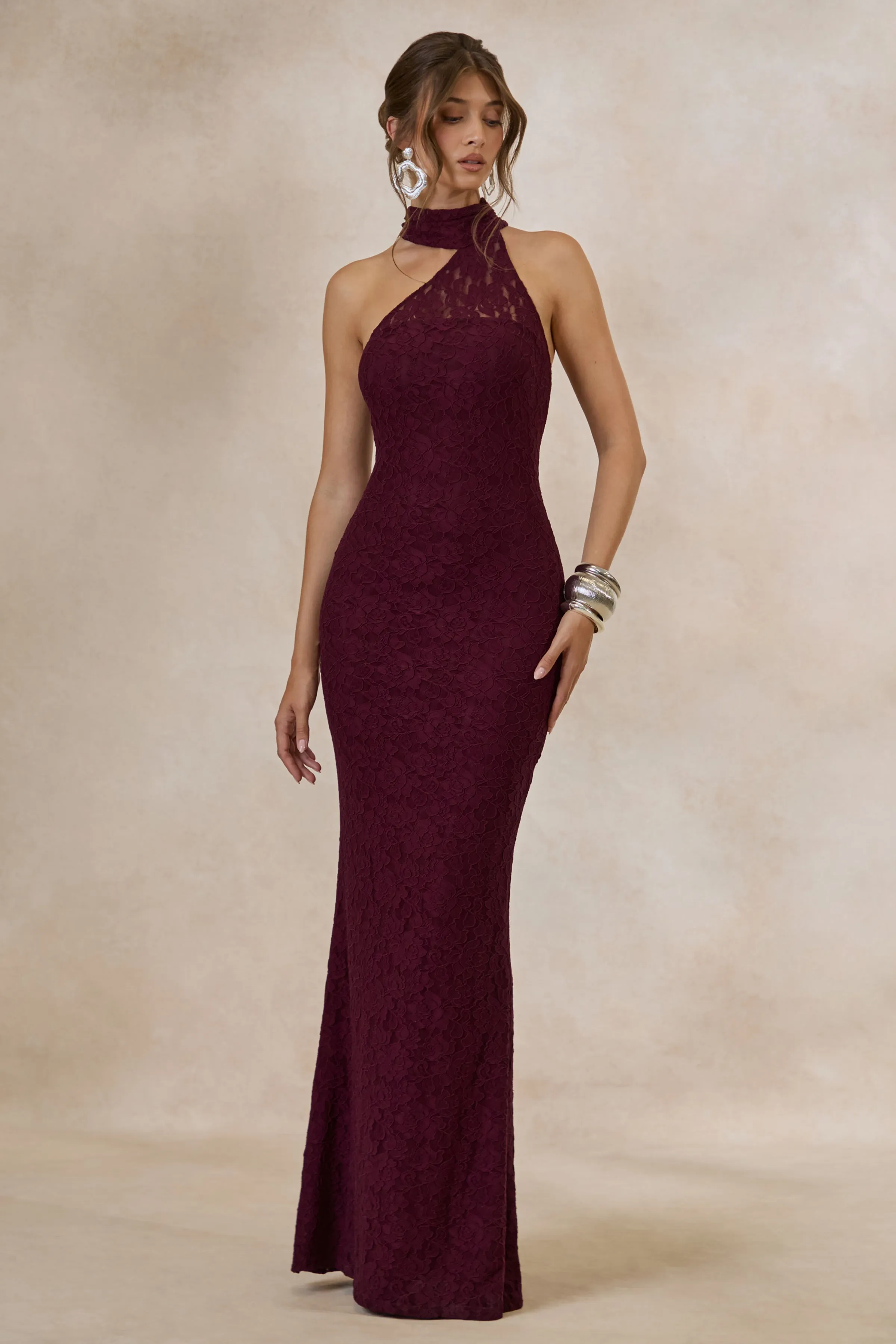 Almaria | Burgundy Lace Asymmetric-Neck Maxi Dress With Collar-Detail sold by Club L London product image thumbnail 5