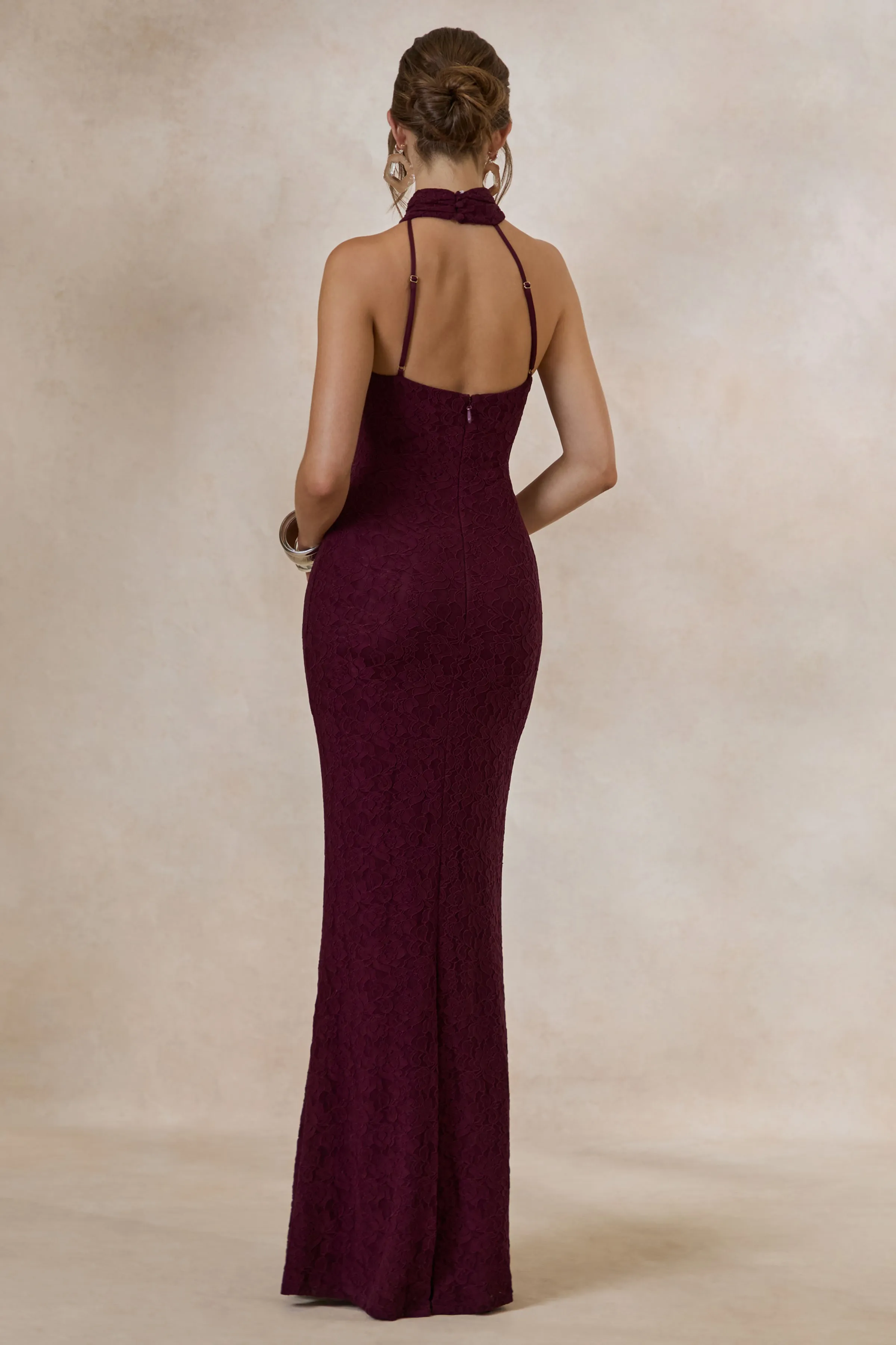 Almaria | Burgundy Lace Asymmetric-Neck Maxi Dress With Collar-Detail sold by Club L London product image thumbnail 2