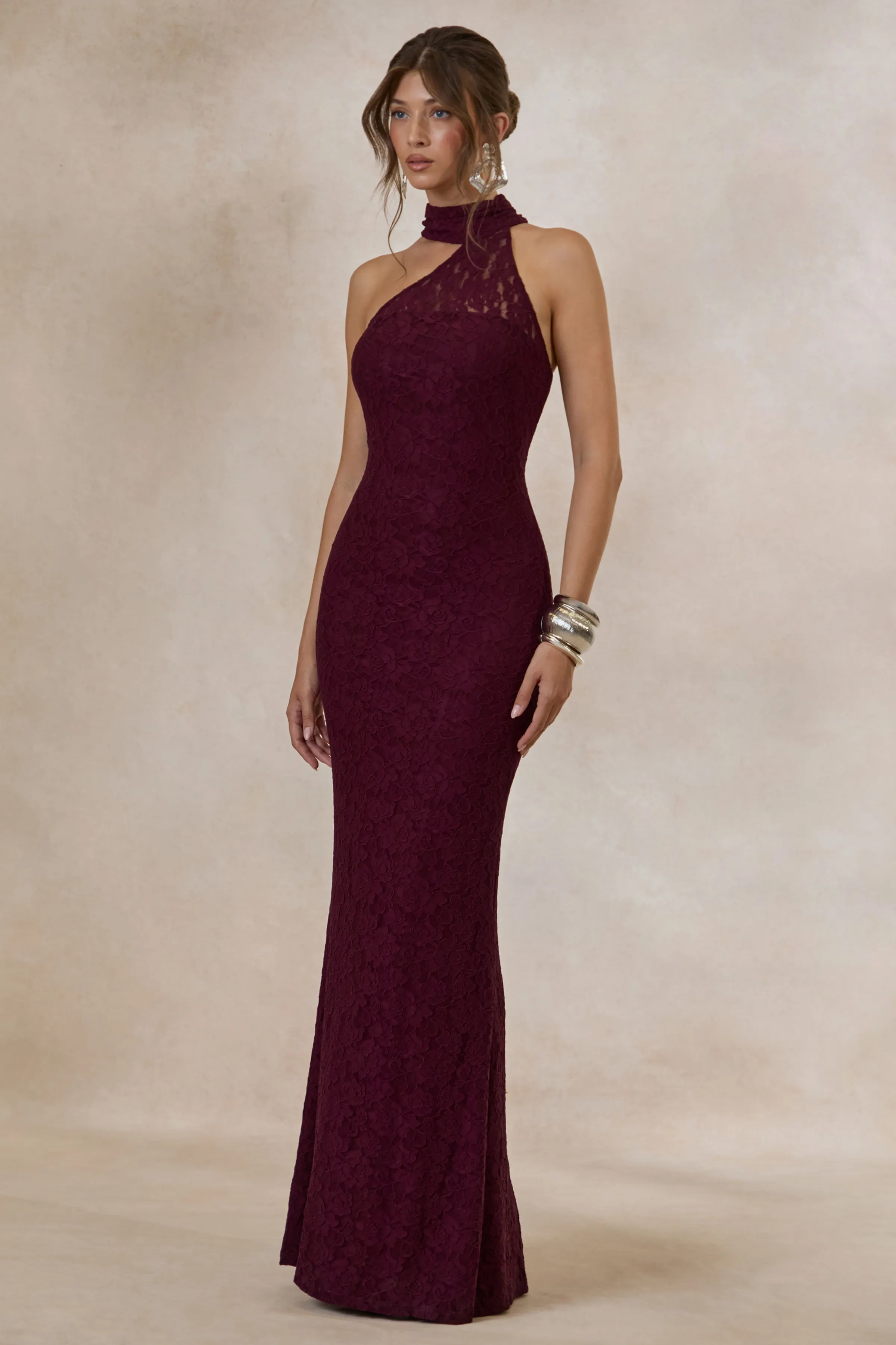 Almaria | Burgundy Lace Asymmetric-Neck Maxi Dress With Collar-Detail sold by Club L London product image thumbnail 4