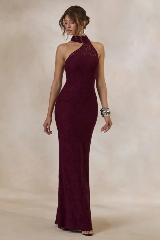 Almaria | Burgundy Lace Asymmetric-Neck Maxi Dress With Collar-Detail made by Club L London