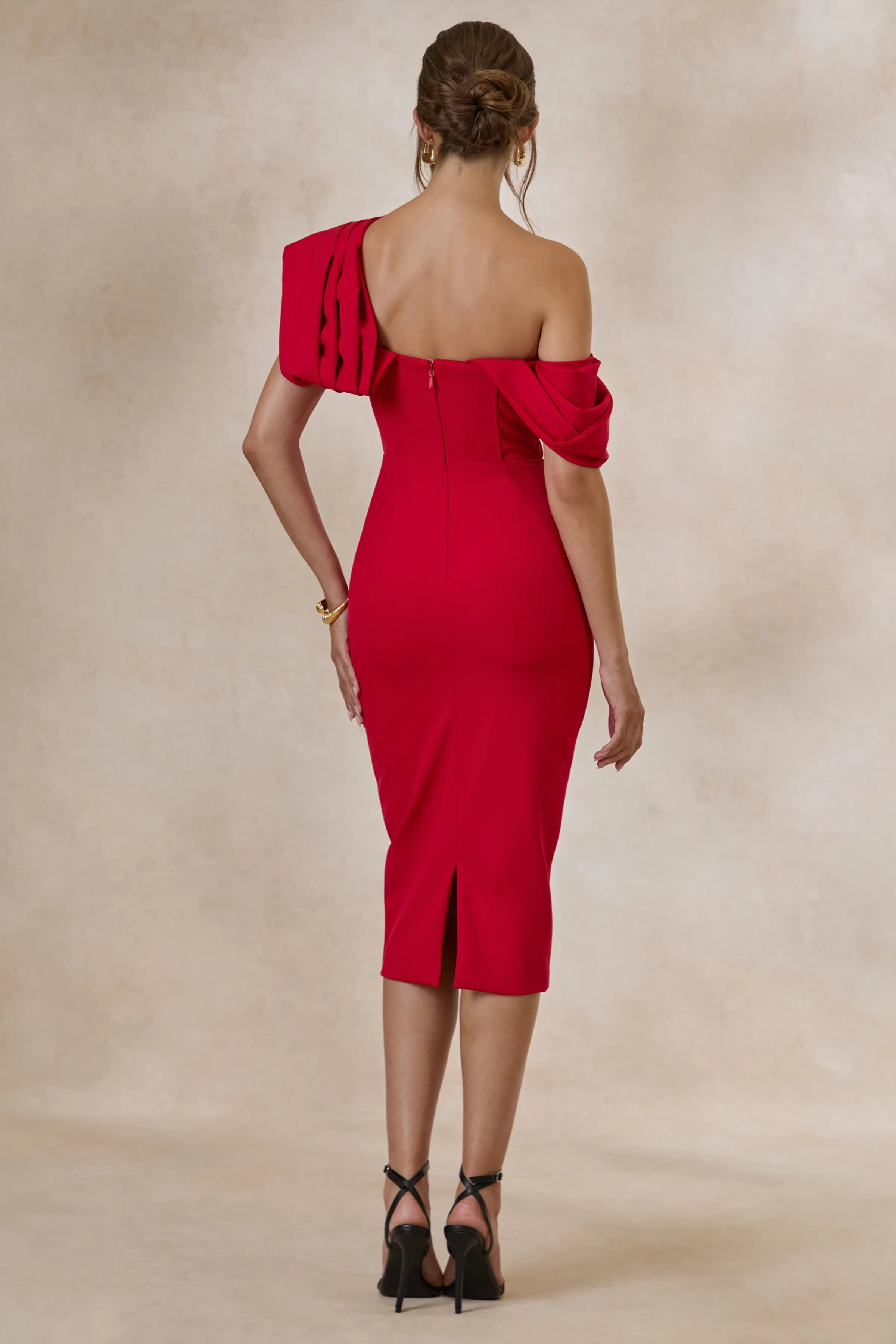 Adrina | Red Draped One Shoulder Midi Dress sold by Club L London product image thumbnail 2
