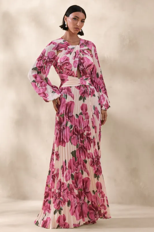 Rionna | Pink Hibiscus Floral Print High-Neck Maxi Dress With Cut-Out Detailing made by Club L London
