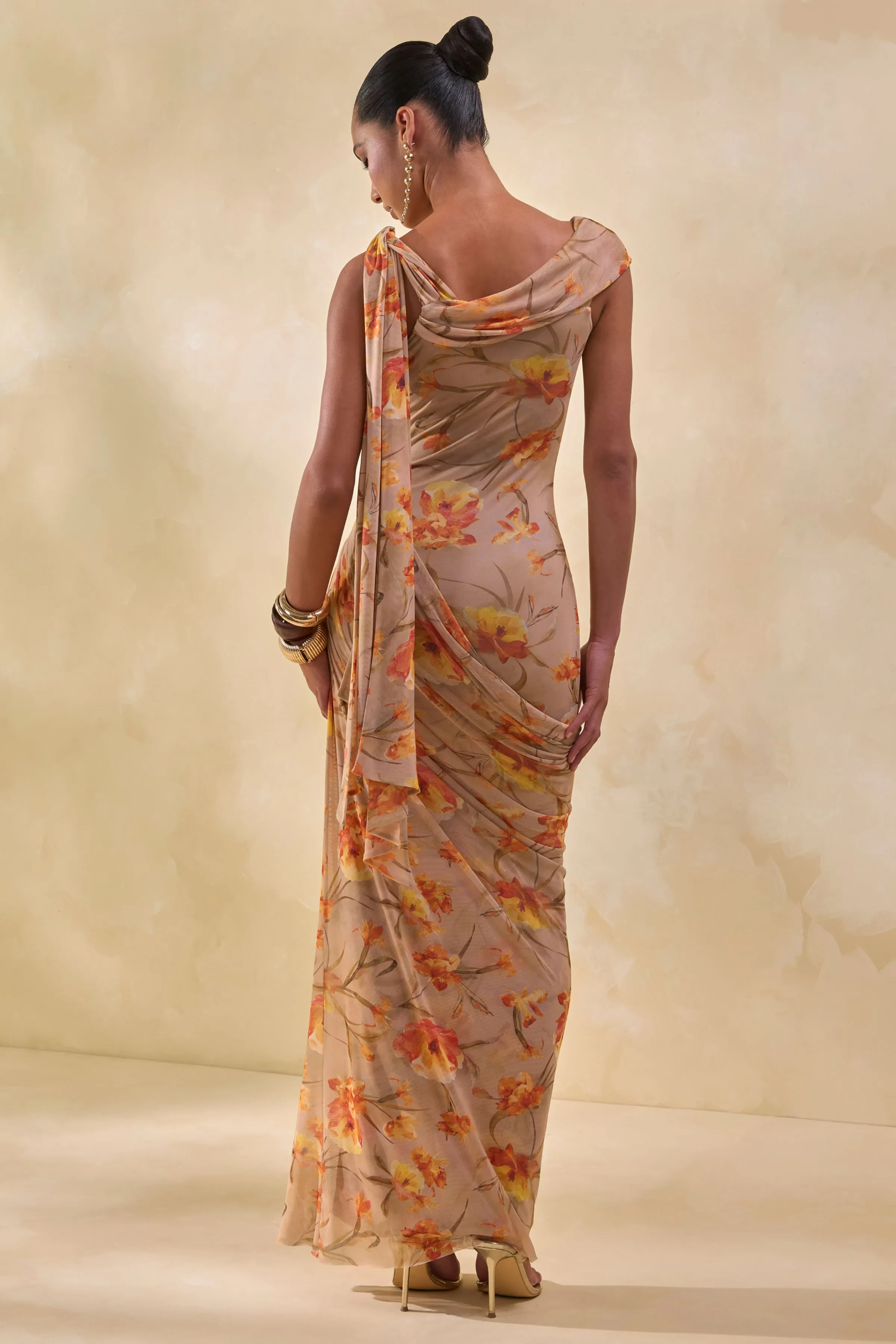 Afton | Orange Floral Mesh Asymmetric-Neck Maxi Dress With Sash Detail sold by Club L London product image thumbnail 2