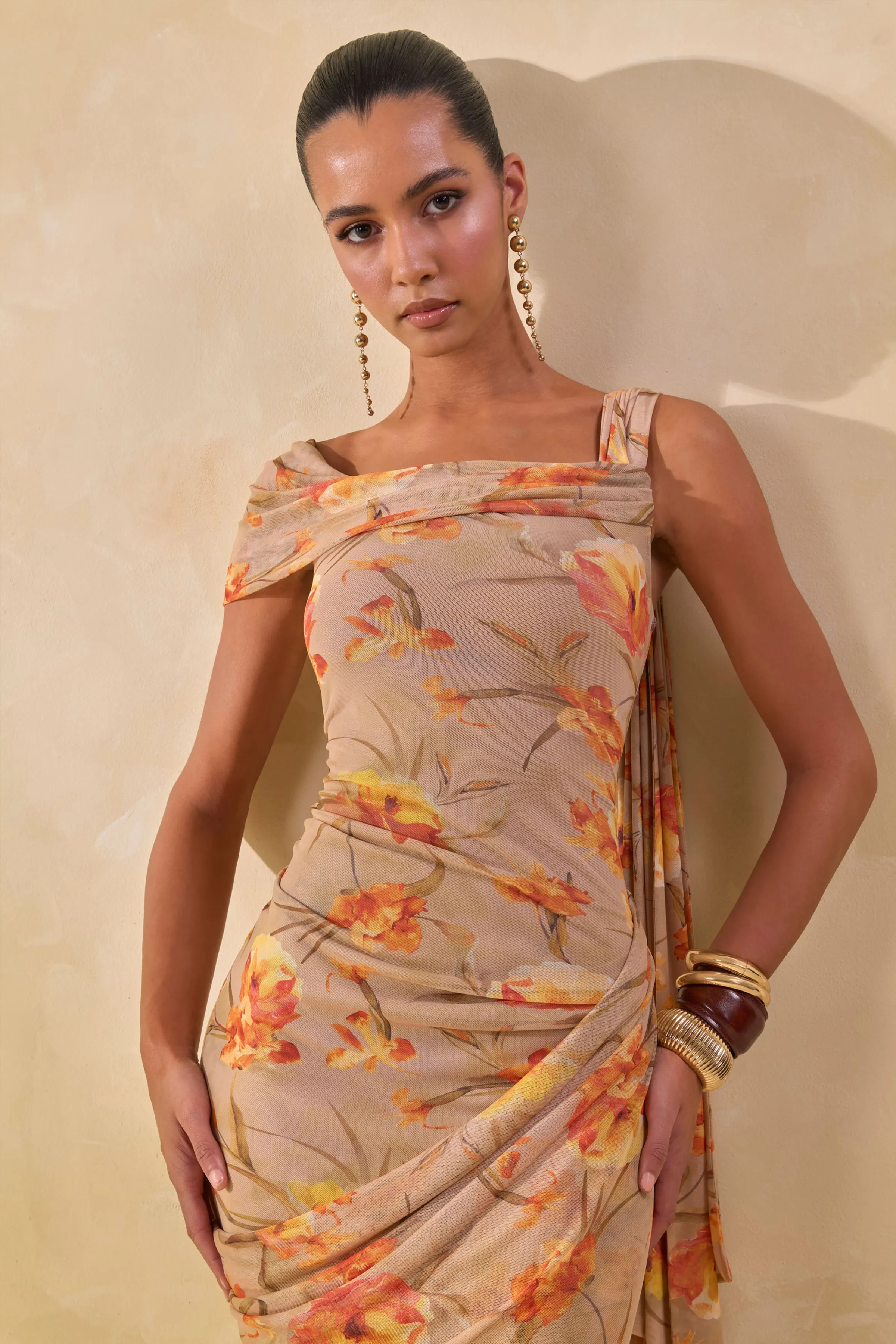 Afton | Orange Floral Mesh Asymmetric-Neck Maxi Dress With Sash Detail sold by Club L London product image thumbnail 3