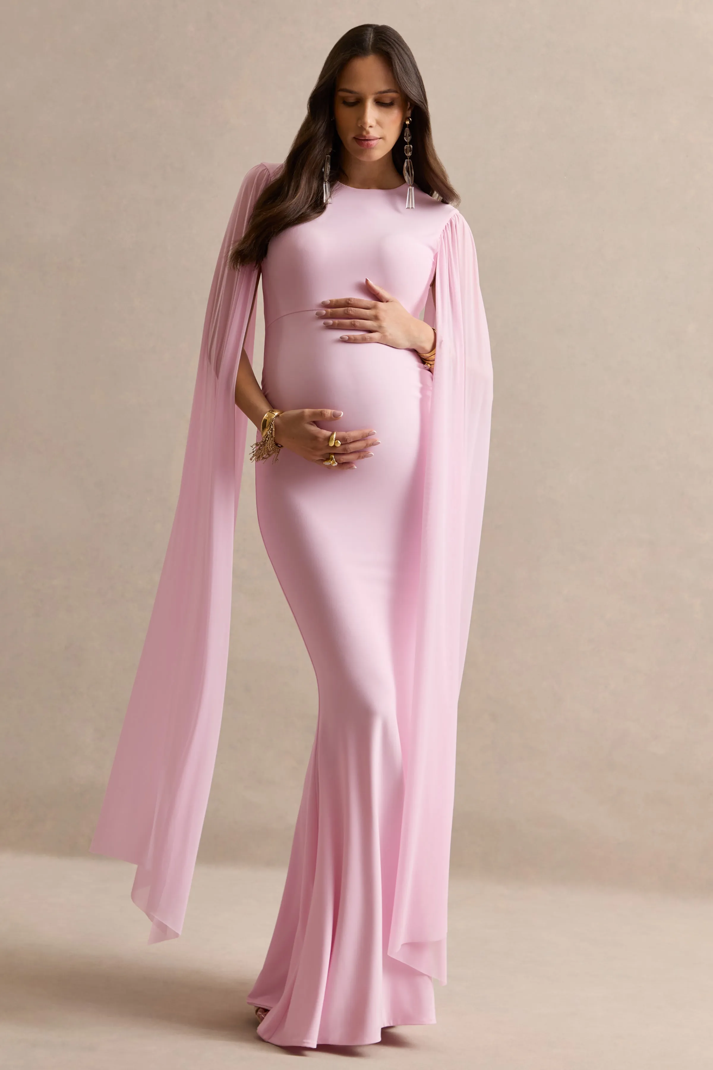 Calitheia | Light Pink Round-Neck Maternity Maxi Dress With Long Floaty Mesh Sleeves sold by Club L London product image thumbnail 5