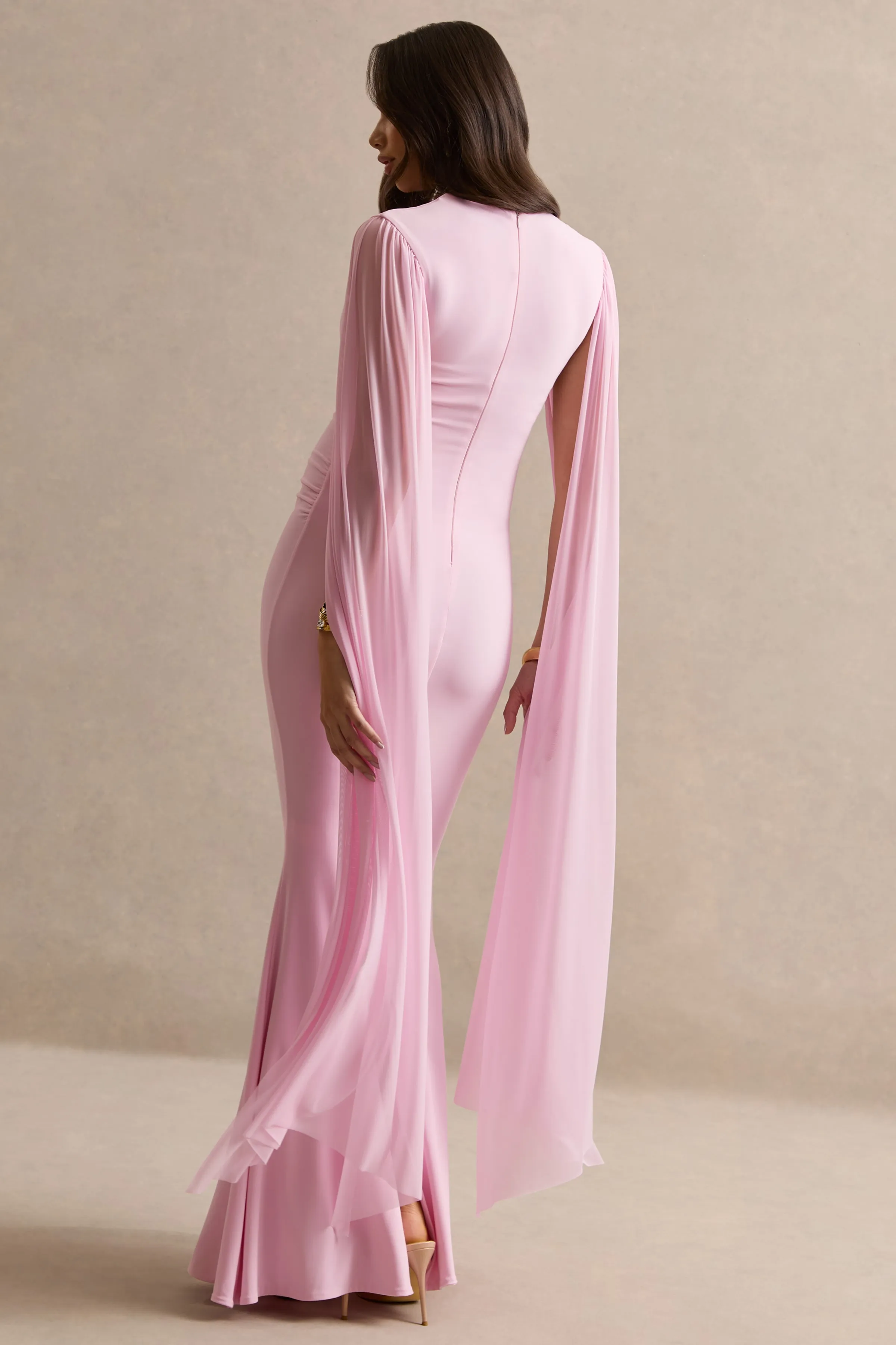 Calitheia | Light Pink Round-Neck Maternity Maxi Dress With Long Floaty Mesh Sleeves sold by Club L London product image thumbnail 2