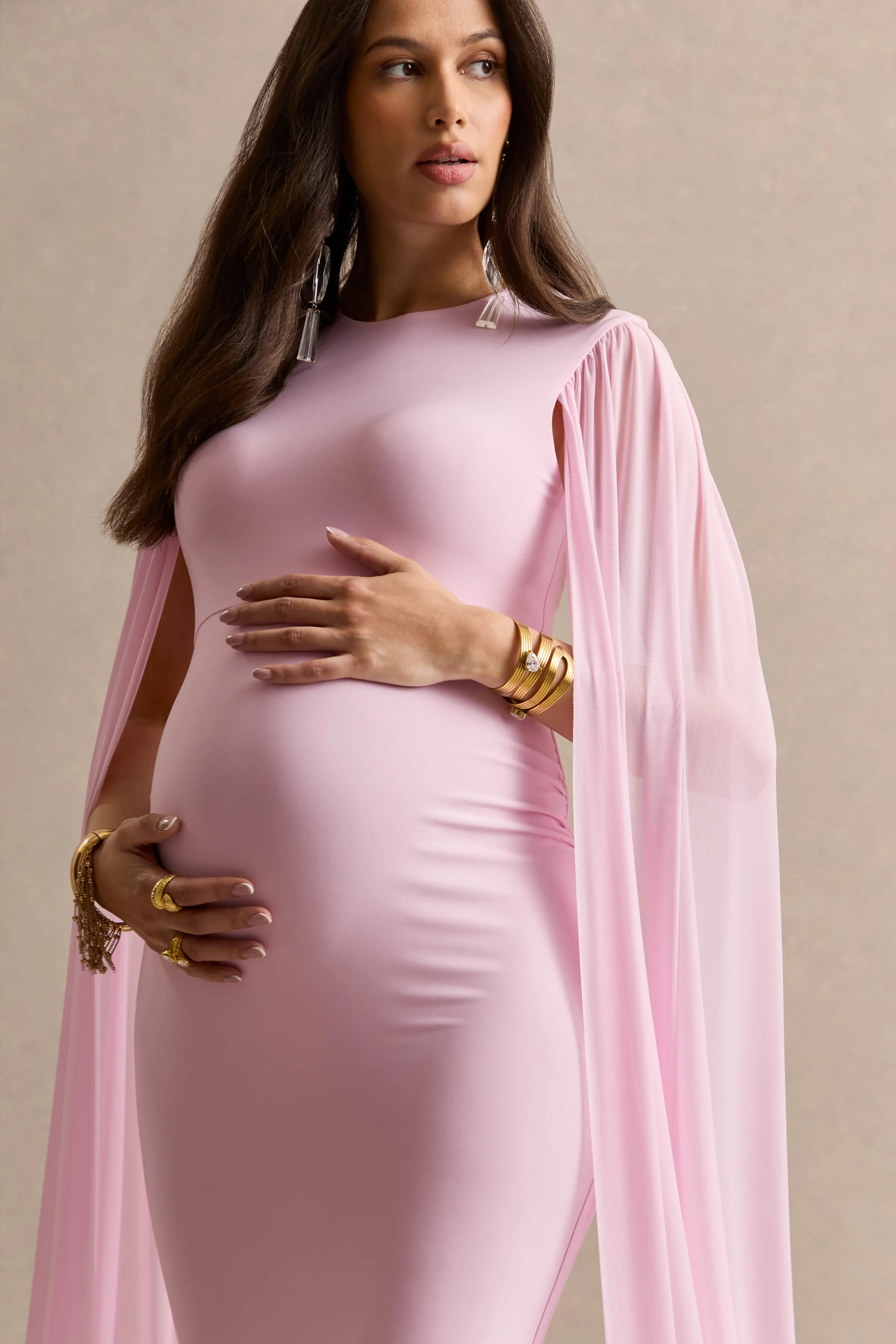 Calitheia | Light Pink Round-Neck Maternity Maxi Dress With Long Floaty Mesh Sleeves sold by Club L London product image thumbnail 3