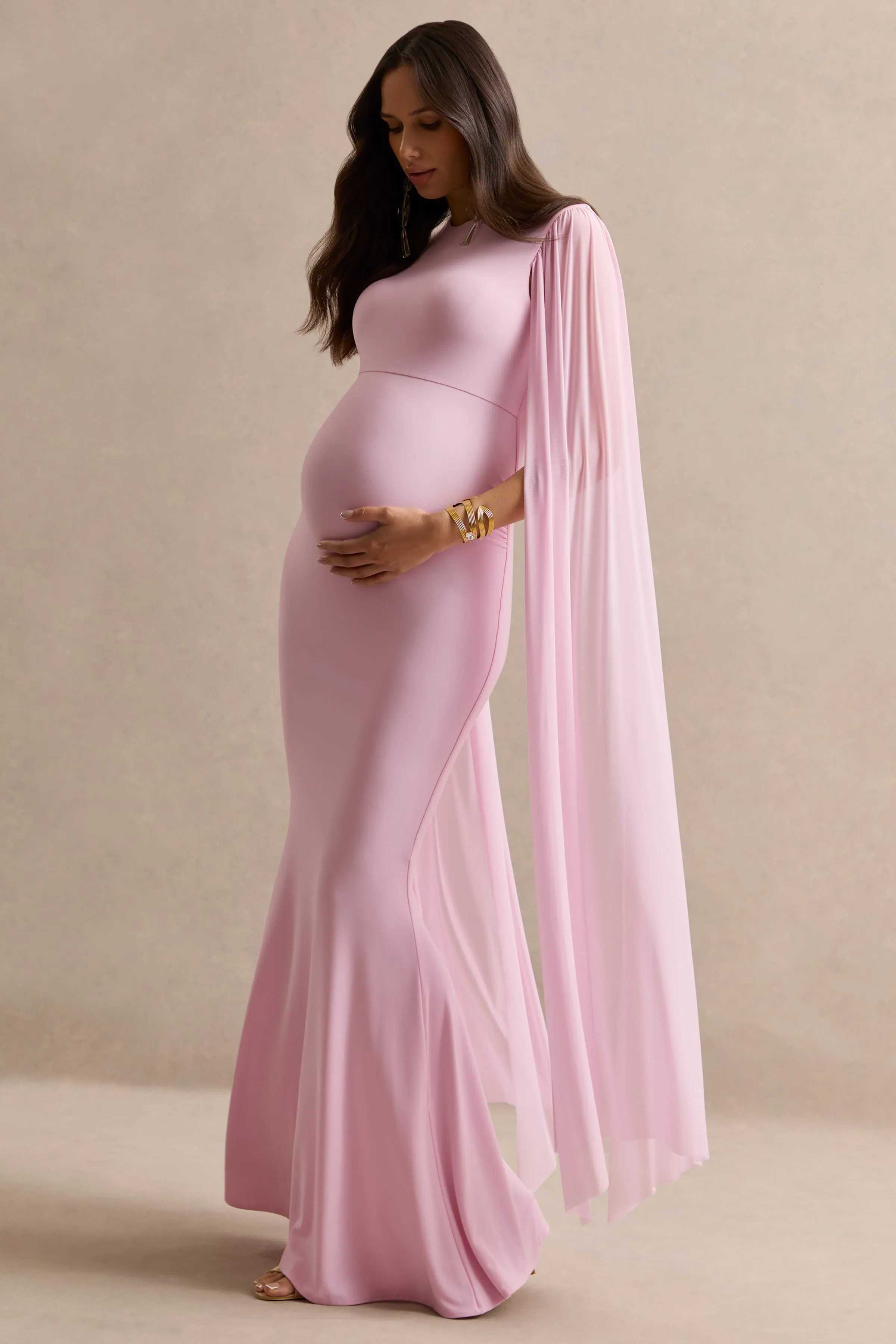 Calitheia | Light Pink Round-Neck Maternity Maxi Dress With Long Floaty Mesh Sleeves sold by Club L London product image thumbnail 4