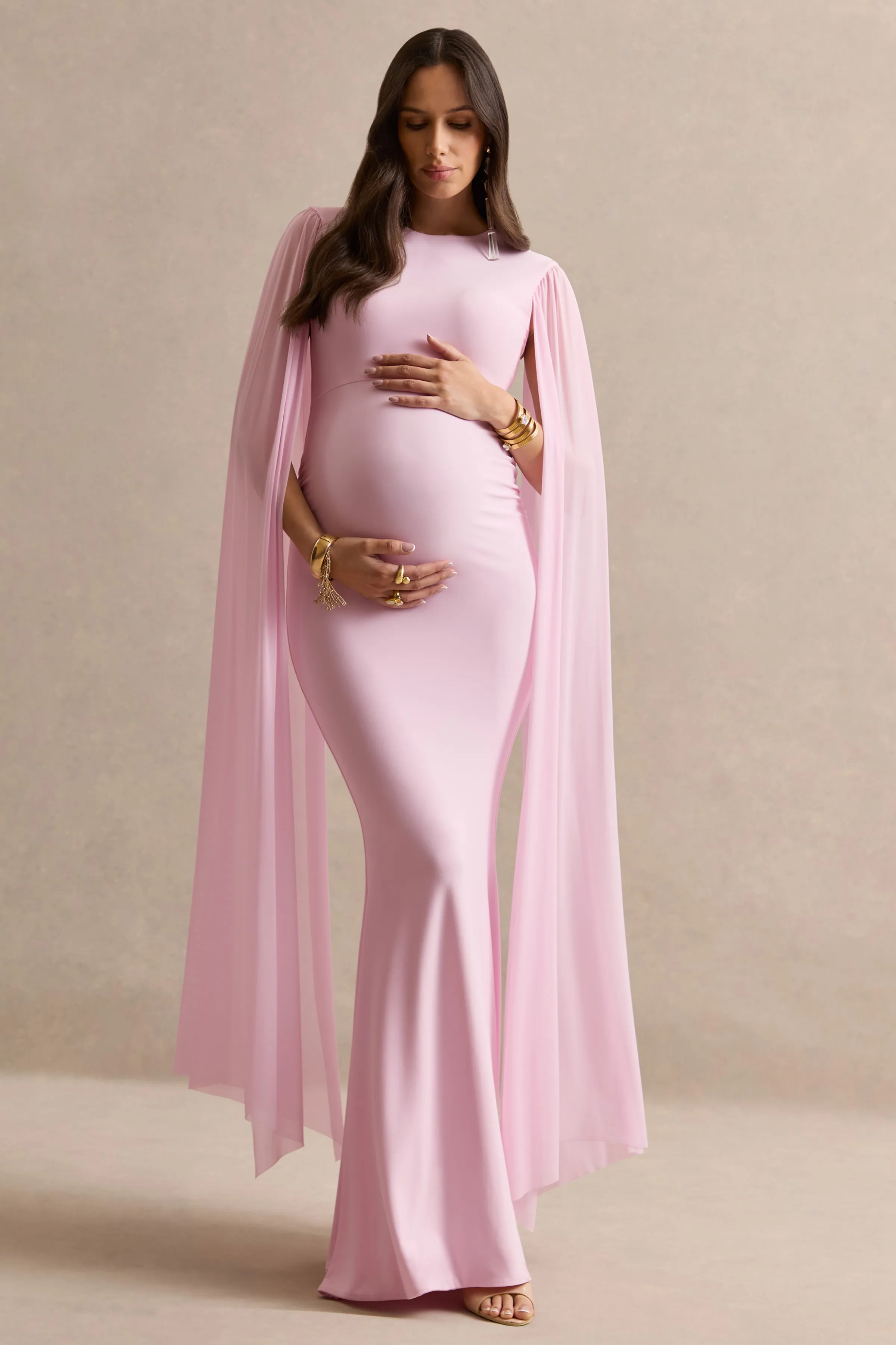 Calitheia | Light Pink Round-Neck Maternity Maxi Dress With Long Floaty Mesh Sleeves sold by Club L London