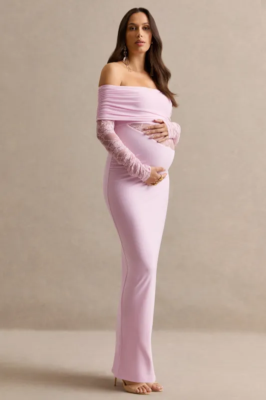 Artemisia | Light Pink Jersey Bardot Long Sleeve Maternity Maxi Dress With Gathered Detailing And Sheer Lace Panel made by Club L London