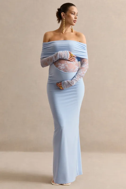 Artemisia | Light Blue Bardot-Neck Maternity Maxi Dress With Lace Detailing made by Club L London