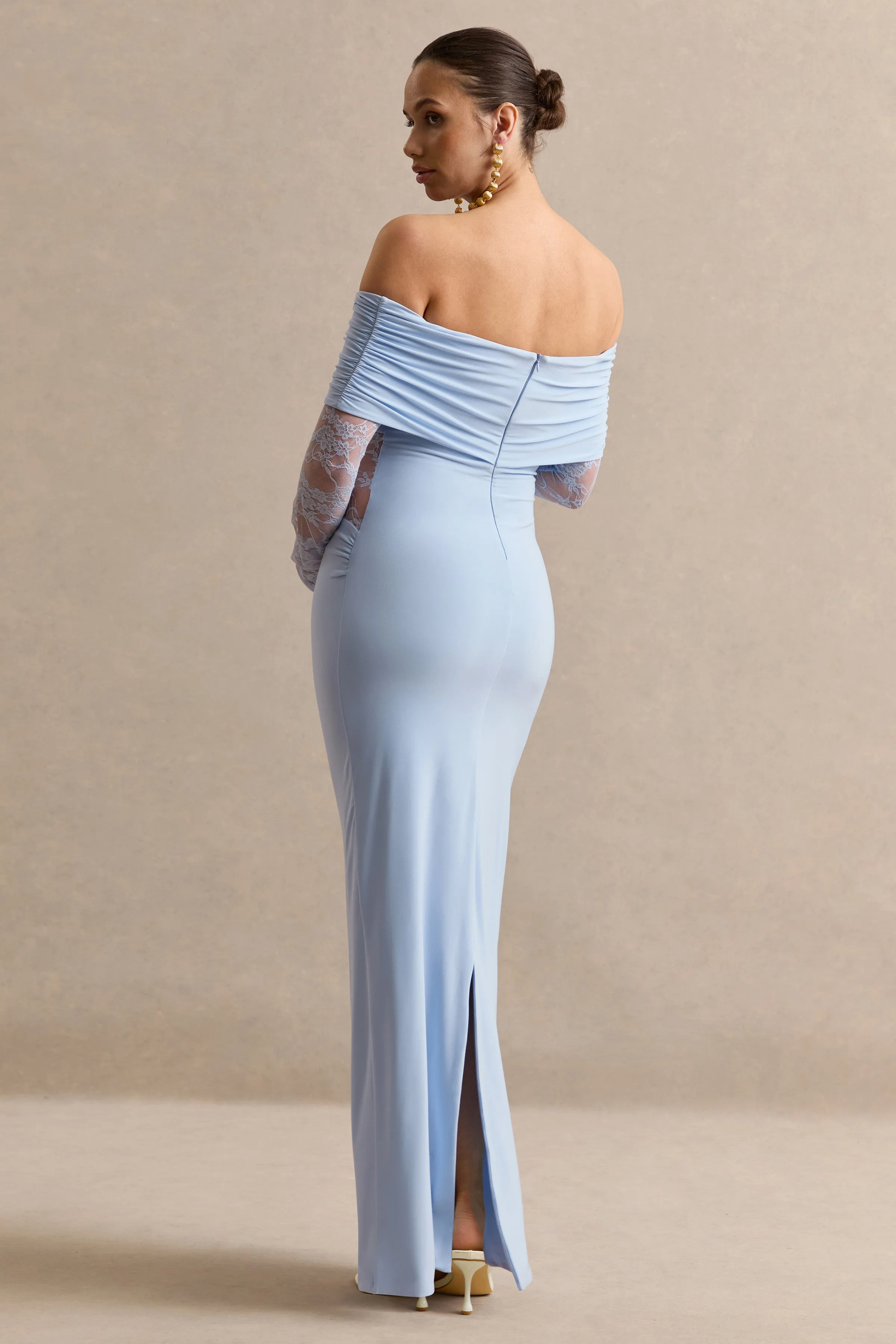 Artemisia | Light Blue Bardot-Neck Maternity Maxi Dress With Lace Detailing sold by Club L London product image thumbnail 2