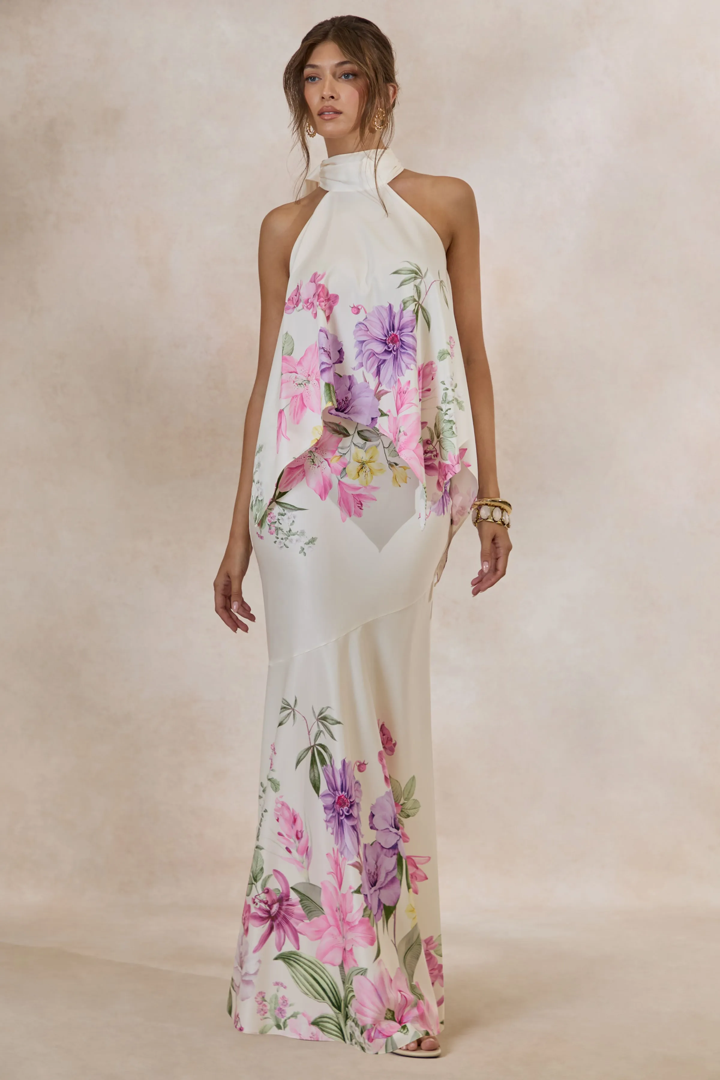 Vayla | Pink Floral Print Matte Satin Asymmetric Drop-Waist Maxi Skirt sold by Club L London product image thumbnail 4
