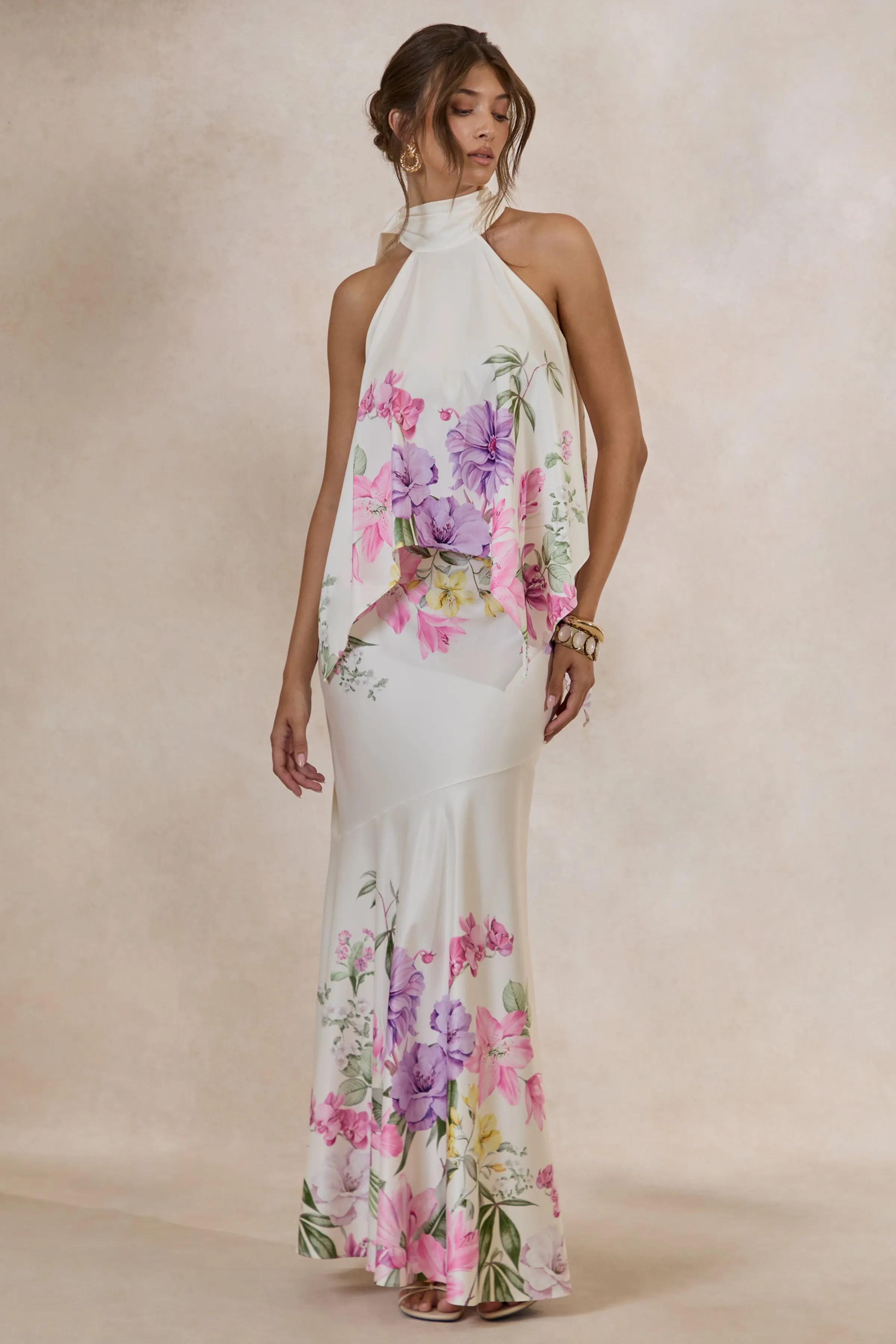 Vayla | Pink Floral Print Matte Satin Asymmetric Drop-Waist Maxi Skirt sold by Club L London
