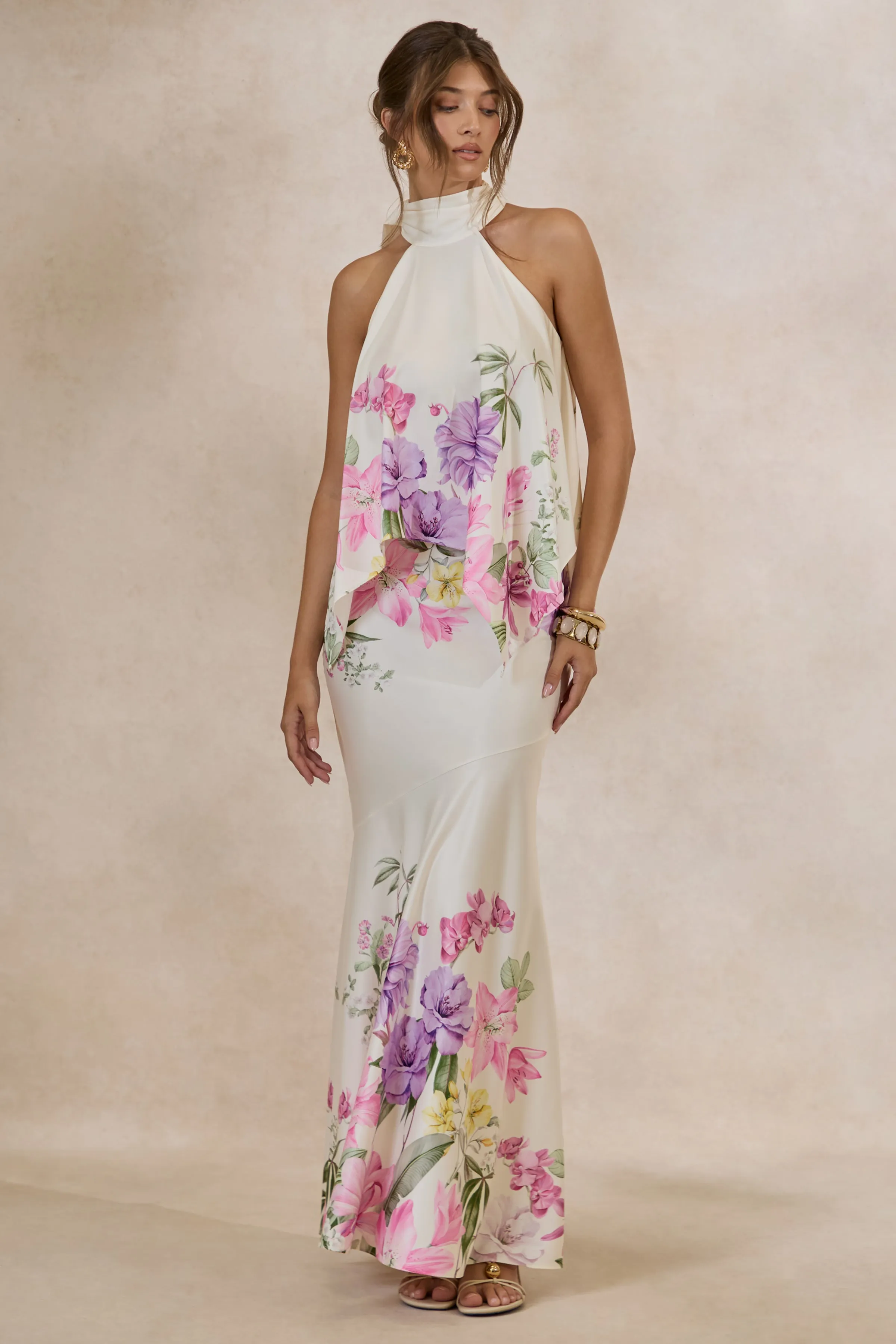 Vayla | Pink Floral Print Matte Satin Asymmetric Drop-Waist Maxi Skirt sold by Club L London product image thumbnail 5