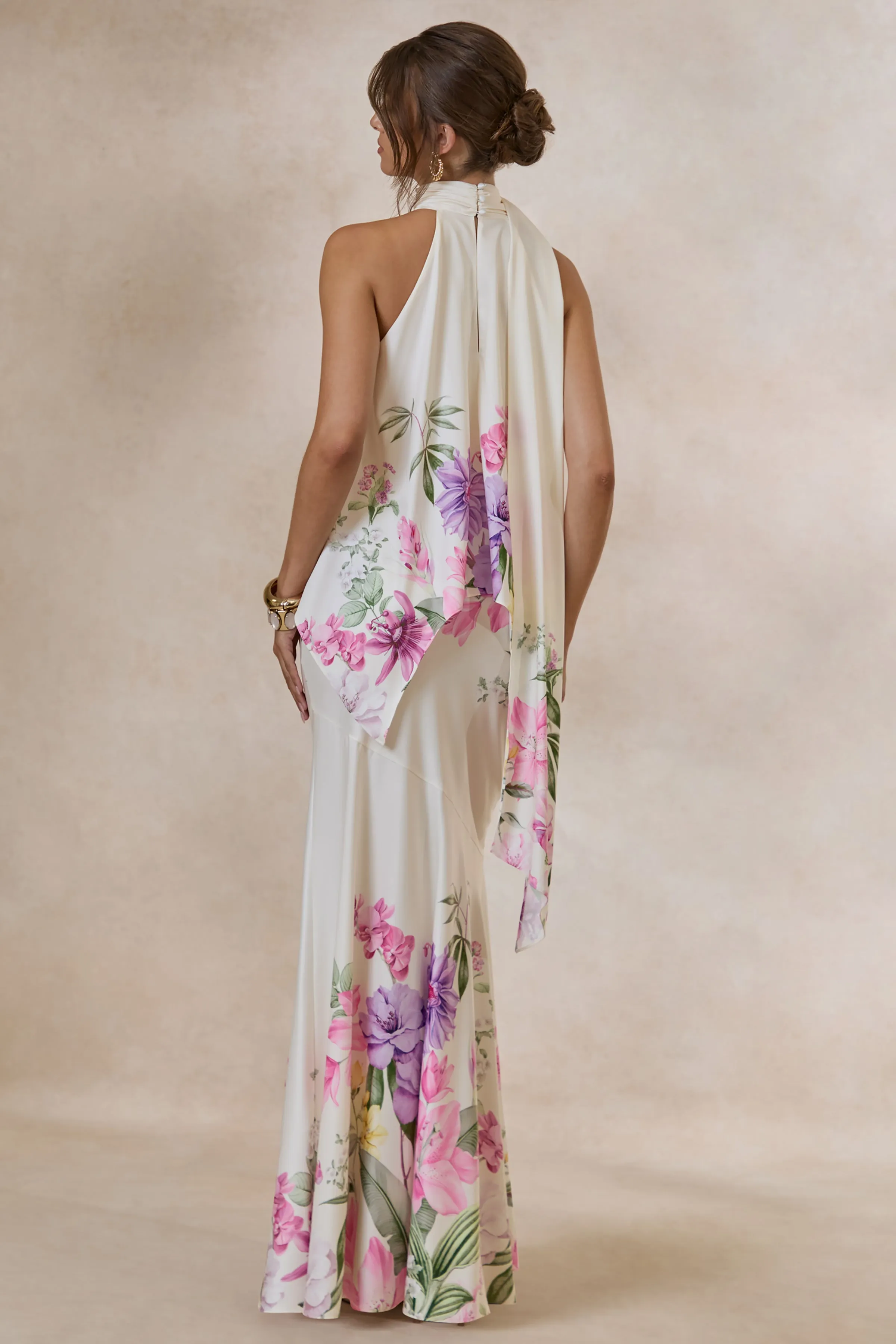 Vayla | Pink Floral Print Matte Satin Asymmetric Drop-Waist Maxi Skirt sold by Club L London product image thumbnail 2