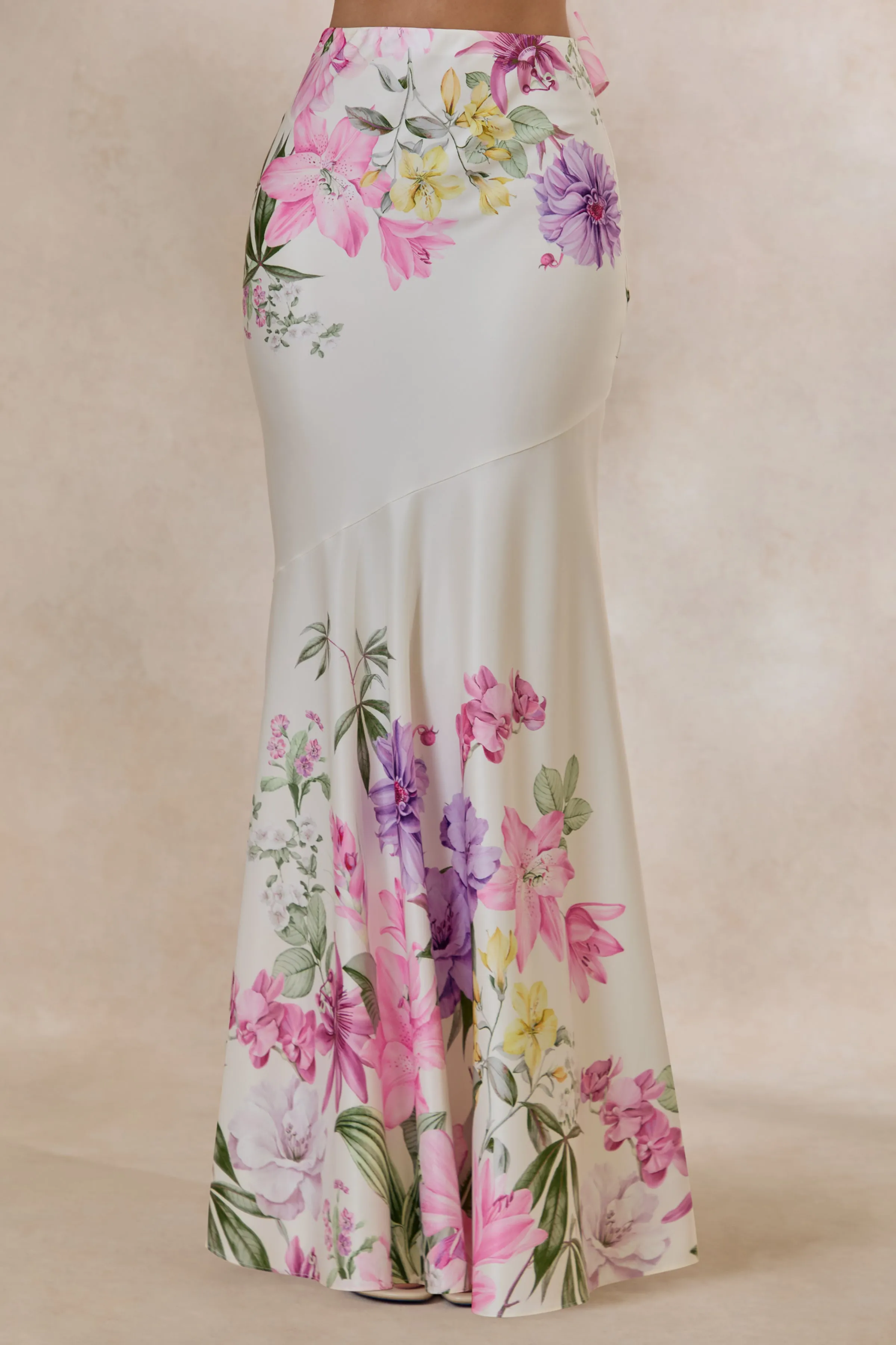 Vayla | Pink Floral Print Matte Satin Asymmetric Drop-Waist Maxi Skirt sold by Club L London product image thumbnail 3