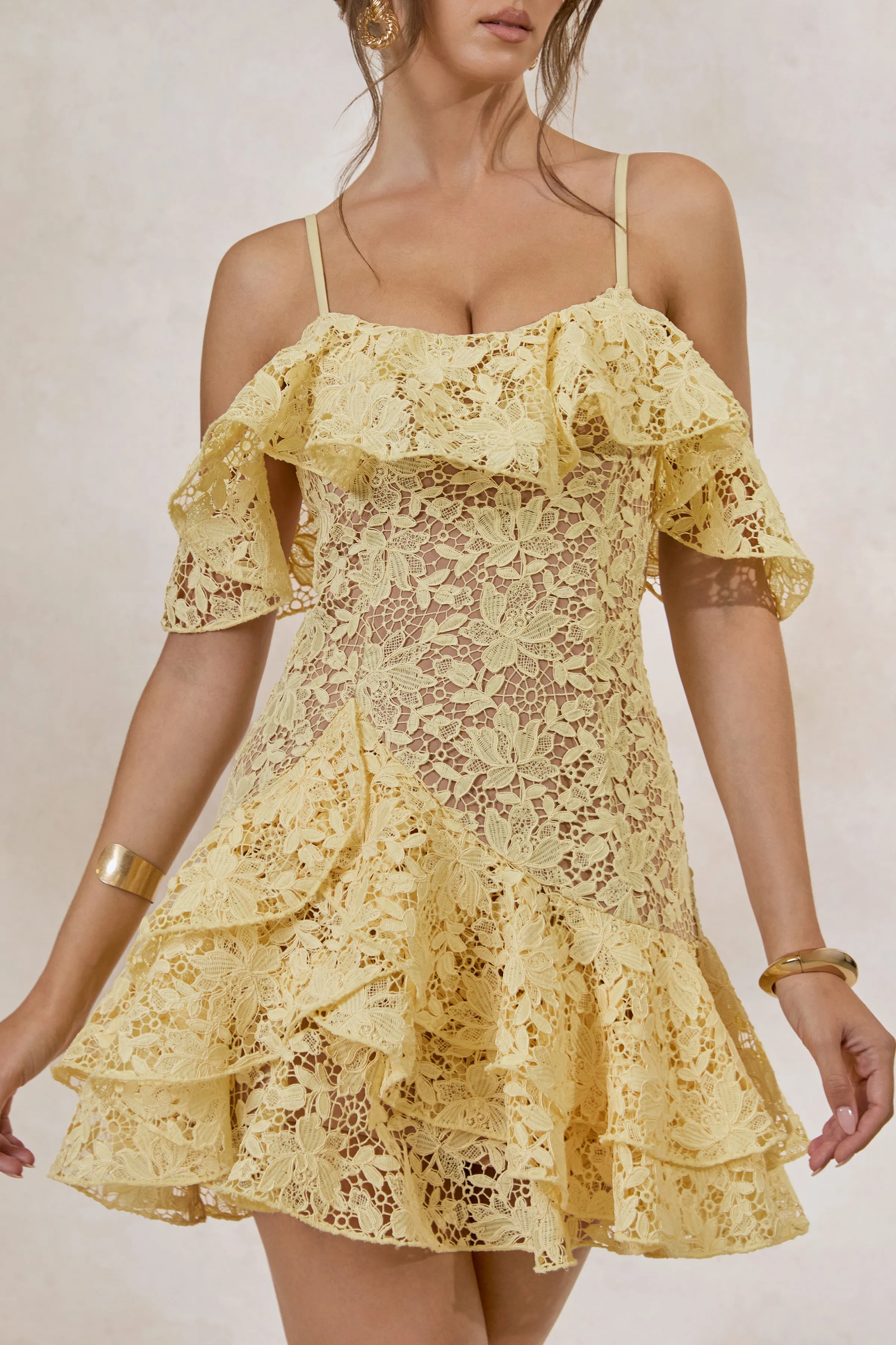 Lyris | Lemon Lace Scoop-Neck Mini Dress With Ruffled Detailing sold by Club L London product image thumbnail 3