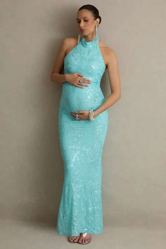 Samina | Turquoise Lace Halter-Neck Maternity Maxi Dress made by Club L London