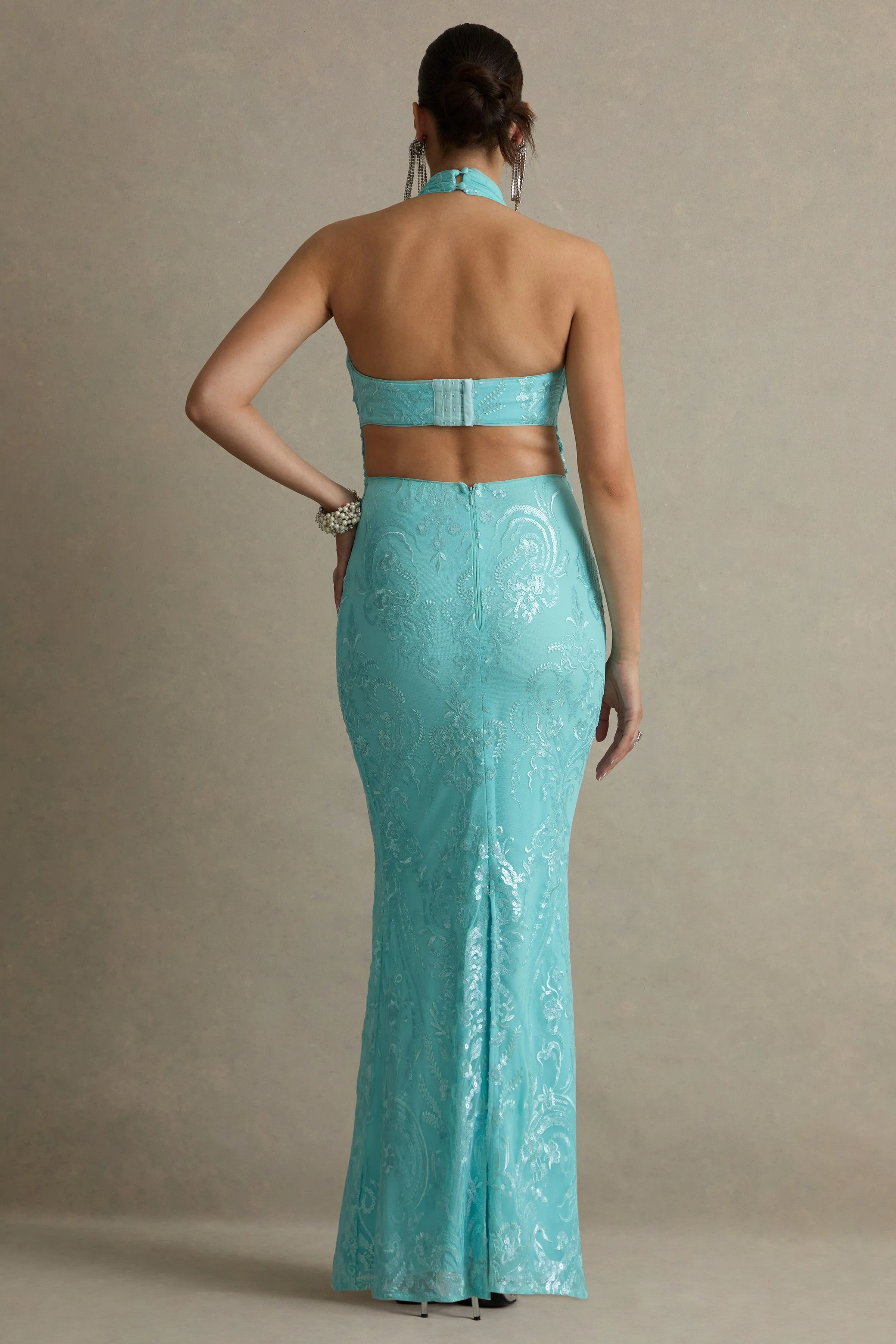 Samina | Turquoise Lace Halter-Neck Maternity Maxi Dress sold by Club L London product image thumbnail 2