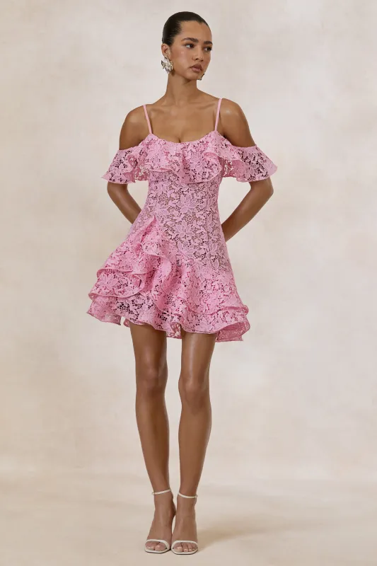 Lyris | Pink Lace Scoop-Neck Mini Dress With Ruffled Detailing made by Club L London