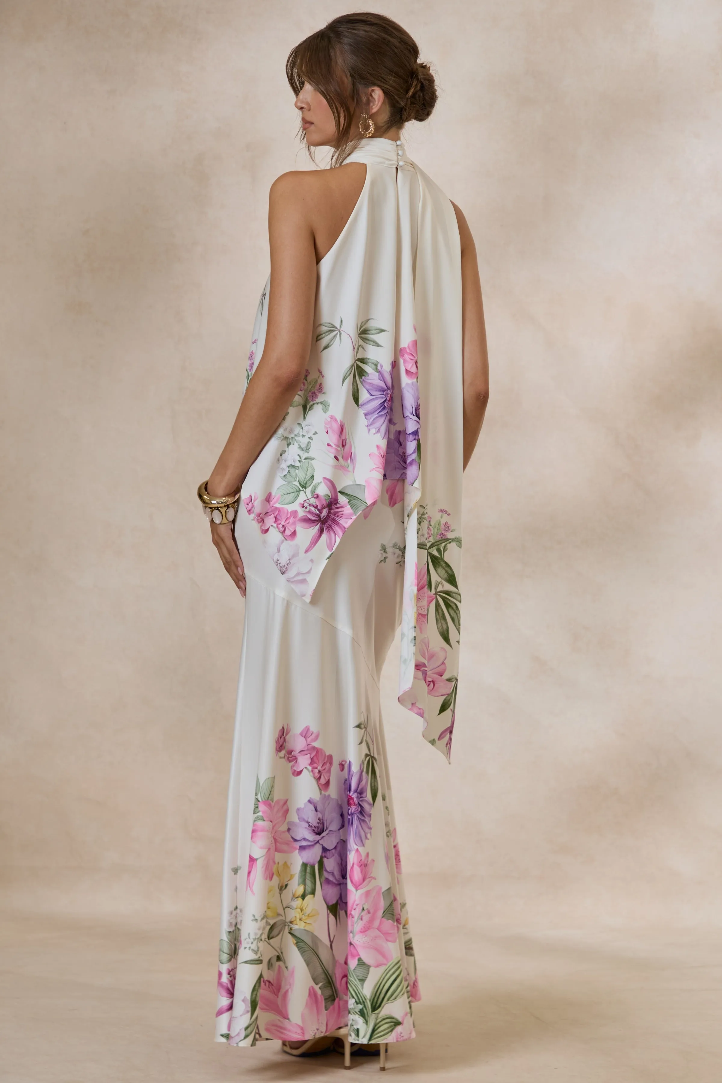 Vayla | Cream Floral Print Matte Satin Asymmetric Drop-Waist Maxi Skirt sold by Club L London product image thumbnail 3
