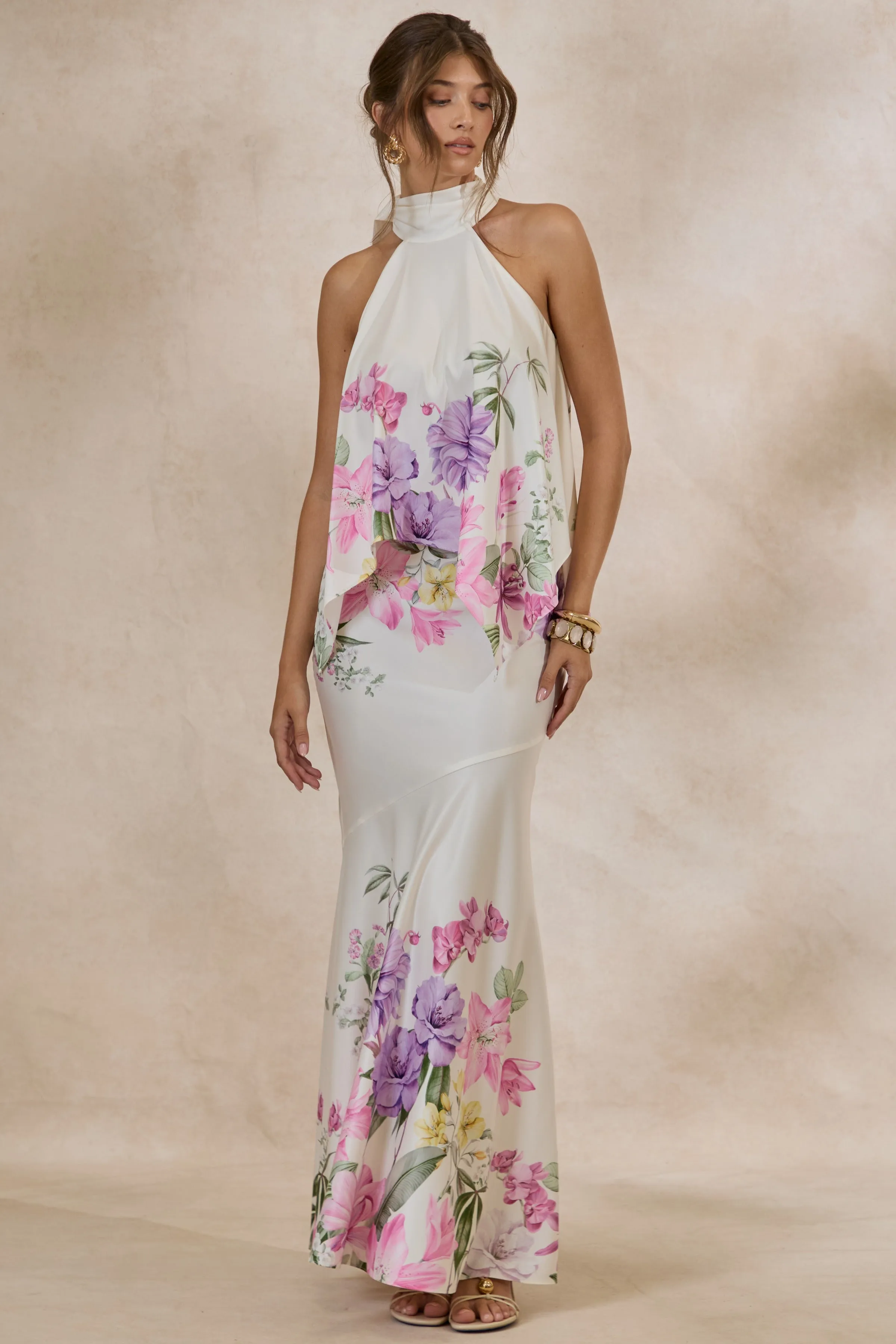 Vayla | Cream Floral Print Matte Satin Asymmetric Drop-Waist Maxi Skirt sold by Club L London