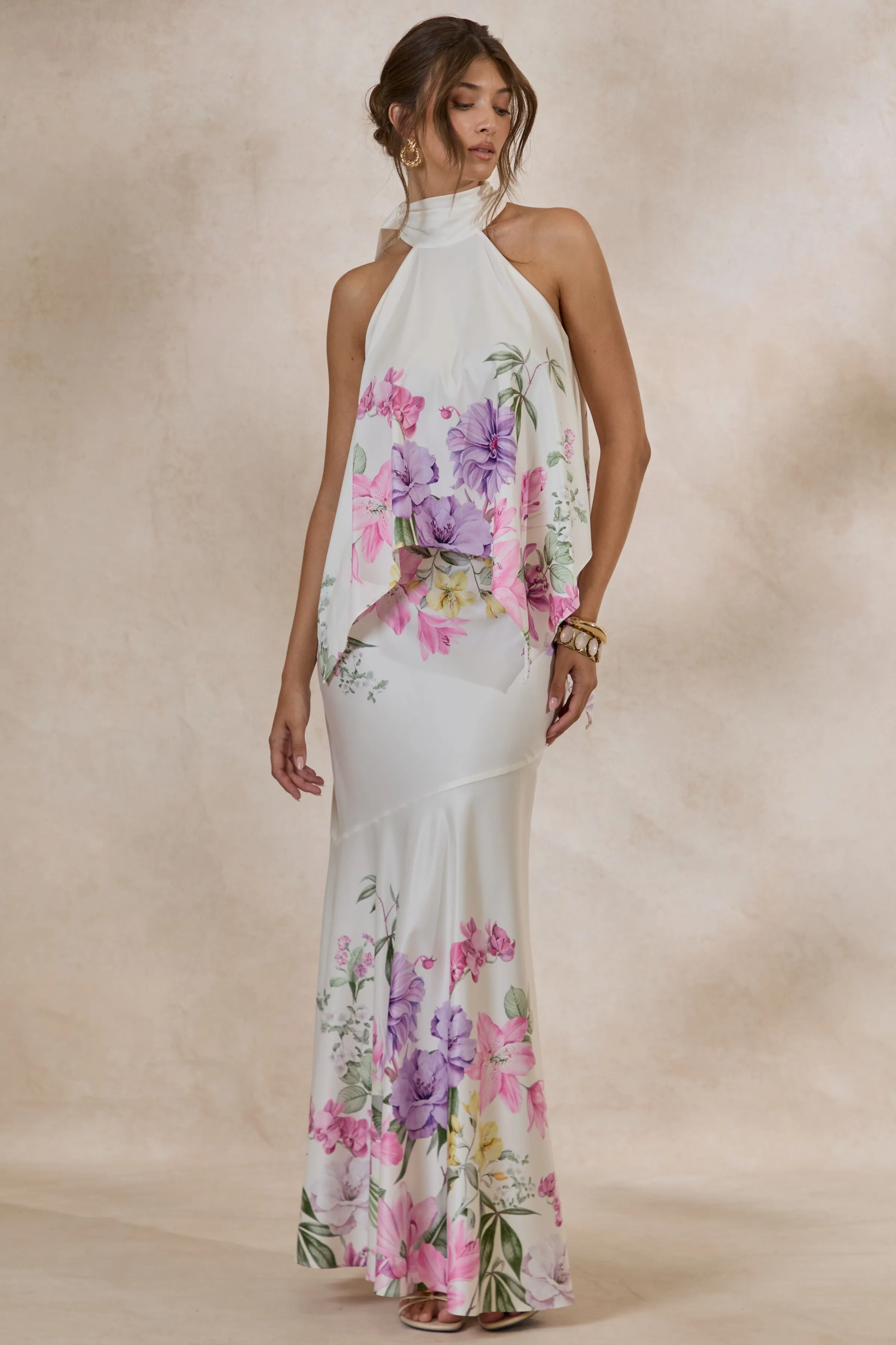Vayla | Cream Floral Print Matte Satin Asymmetric Drop-Waist Maxi Skirt sold by Club L London product image thumbnail 5