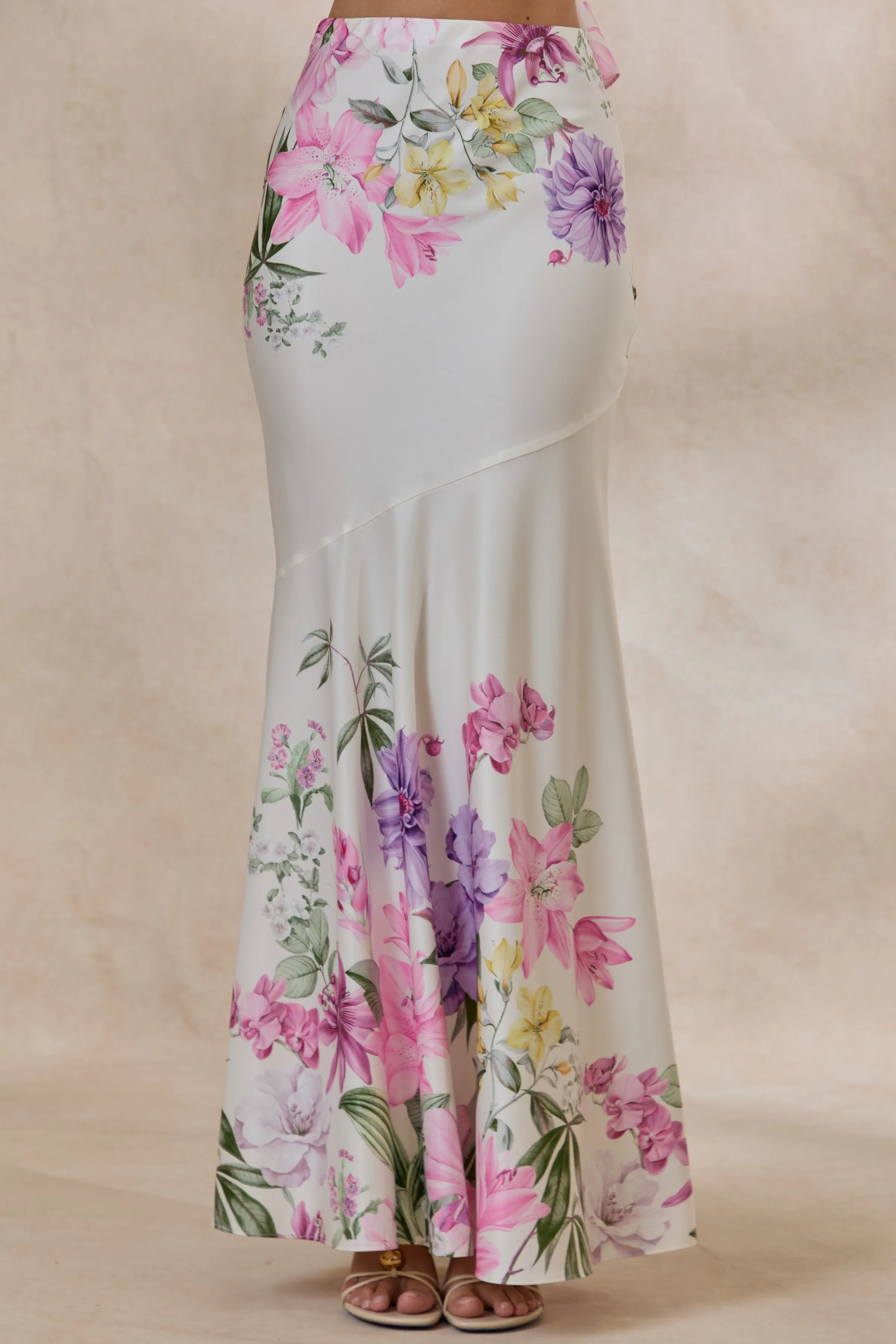 Vayla | Cream Floral Print Matte Satin Asymmetric Drop-Waist Maxi Skirt sold by Club L London product image thumbnail 2