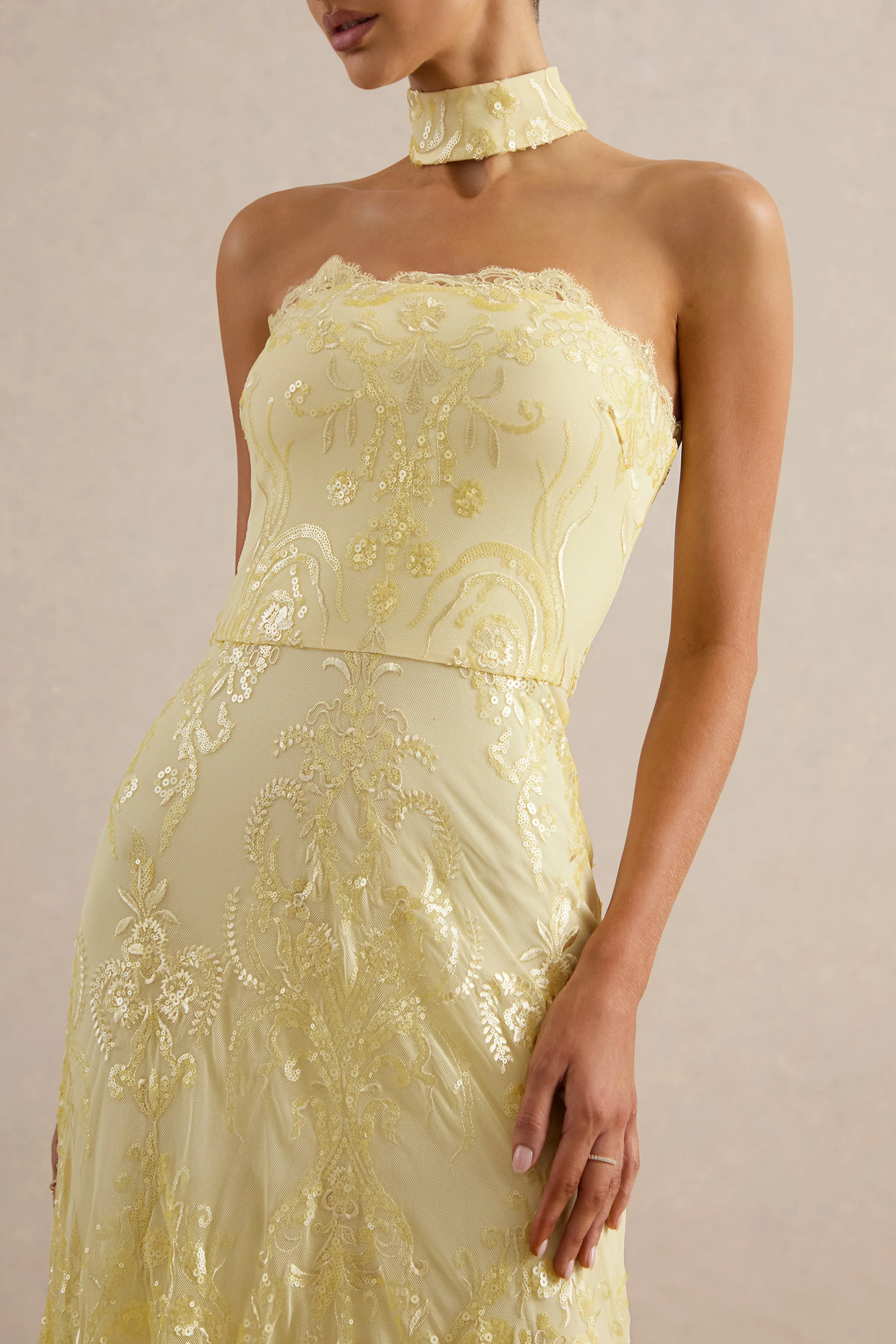 Galathea | Yellow Lace Bandeau-Neck Midi Dress With Collar Detail sold by Club L London product image thumbnail 4