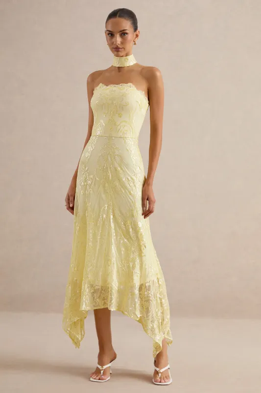 Galathea | Yellow Lace Bandeau-Neck Midi Dress With Collar Detail made by Club L London