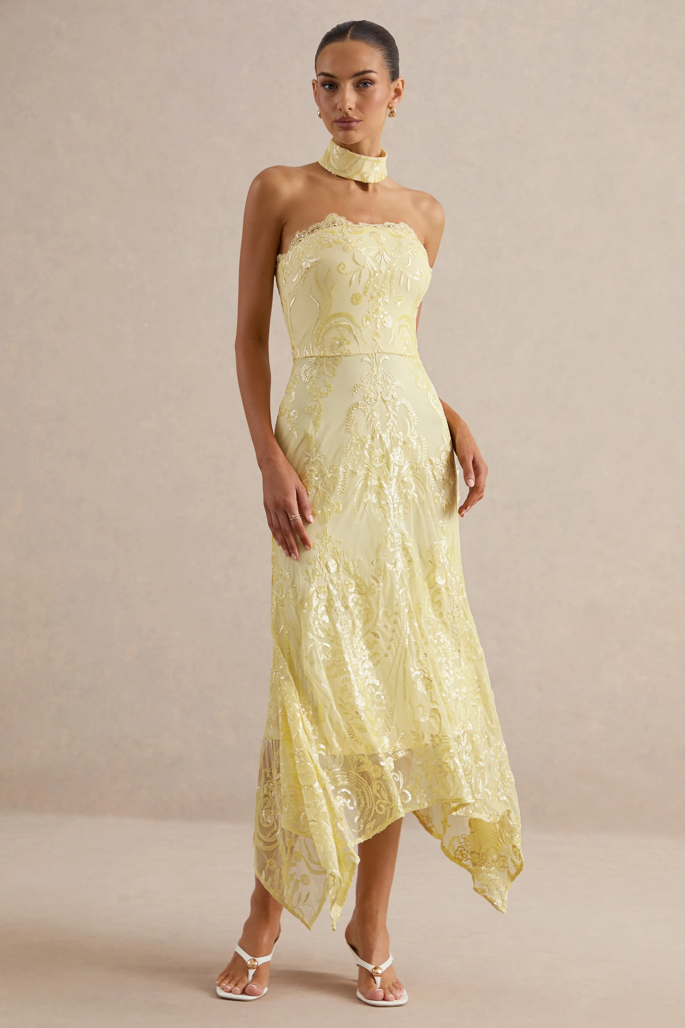 Galathea | Yellow Lace Bandeau-Neck Midi Dress With Collar Detail sold by Club L London product image thumbnail 5
