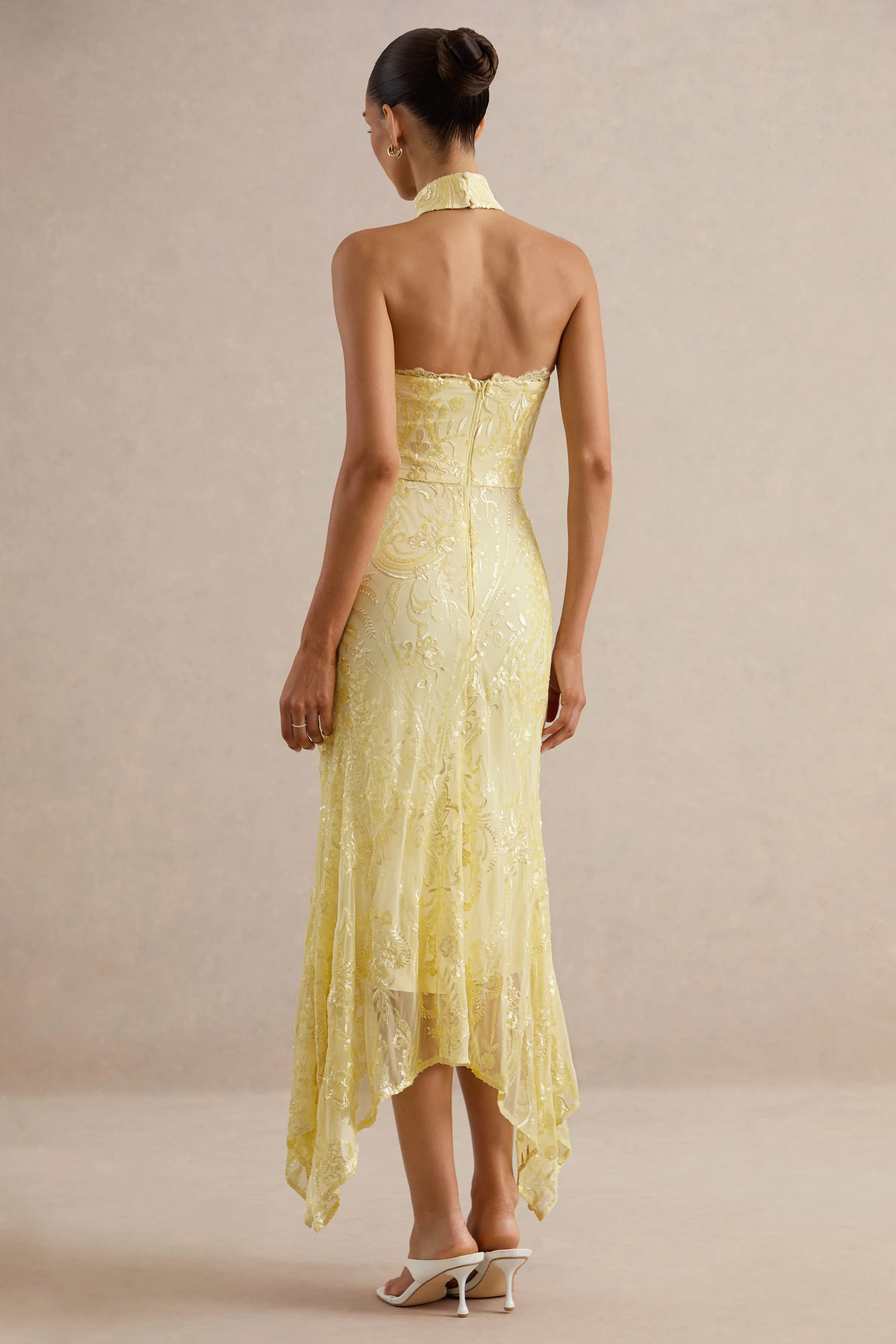Galathea | Yellow Lace Bandeau-Neck Midi Dress With Collar Detail sold by Club L London product image thumbnail 2