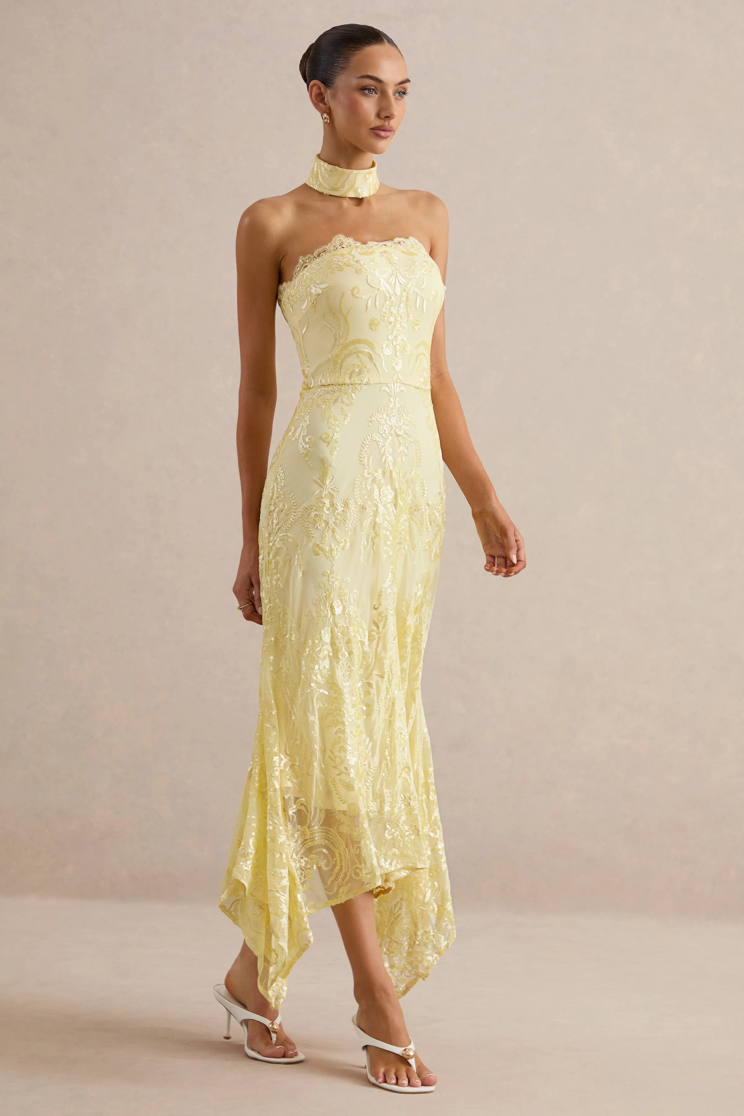 Galathea | Yellow Lace Bandeau-Neck Midi Dress With Collar Detail sold by Club L London product image thumbnail 3