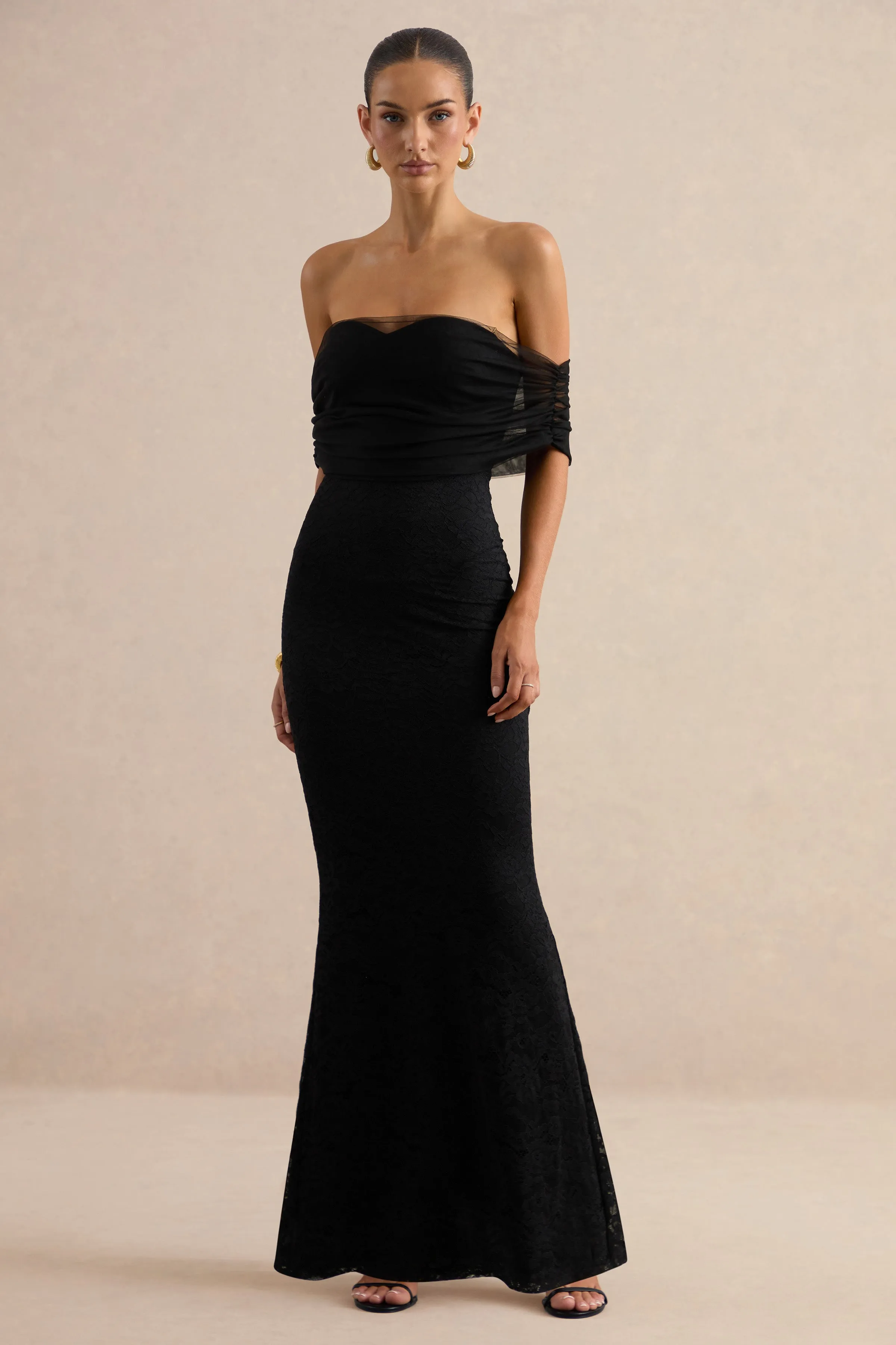 Novessa | Black Lace Bardot-Neck Maxi Dress sold by Club L London product image thumbnail 5