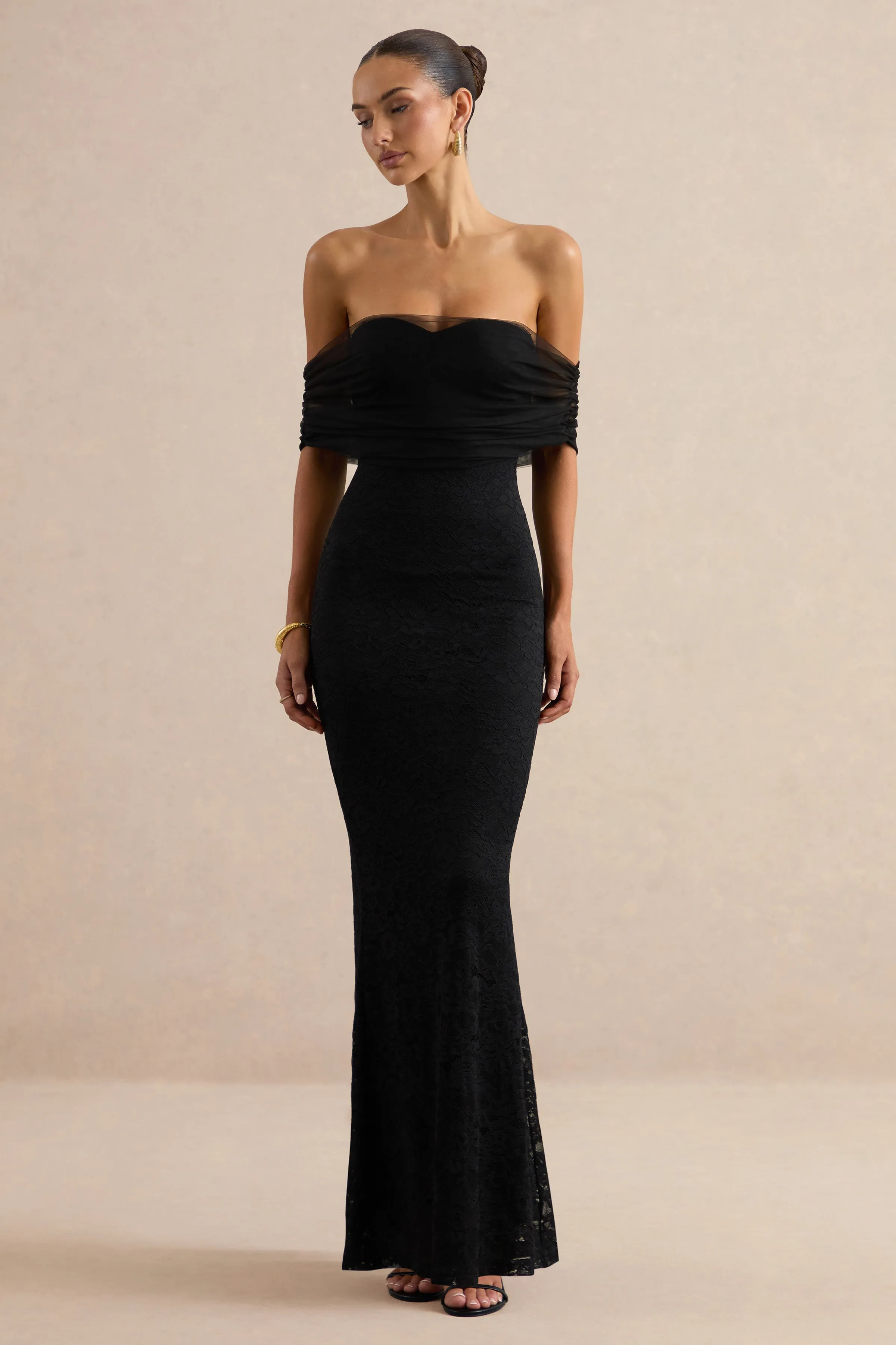 Novessa | Black Lace Bardot-Neck Maxi Dress sold by Club L London