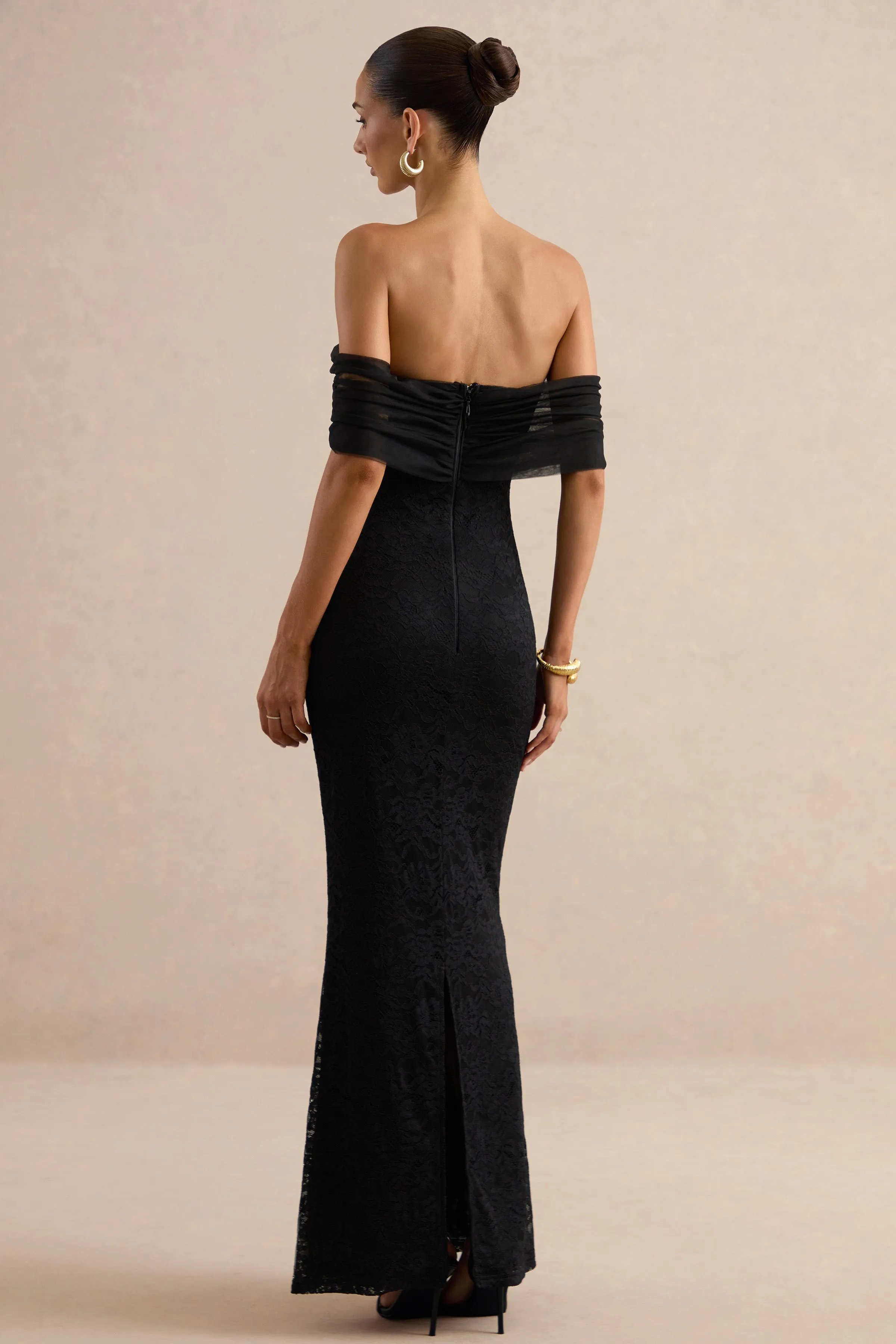 Novessa | Black Lace Bardot-Neck Maxi Dress sold by Club L London product image thumbnail 2