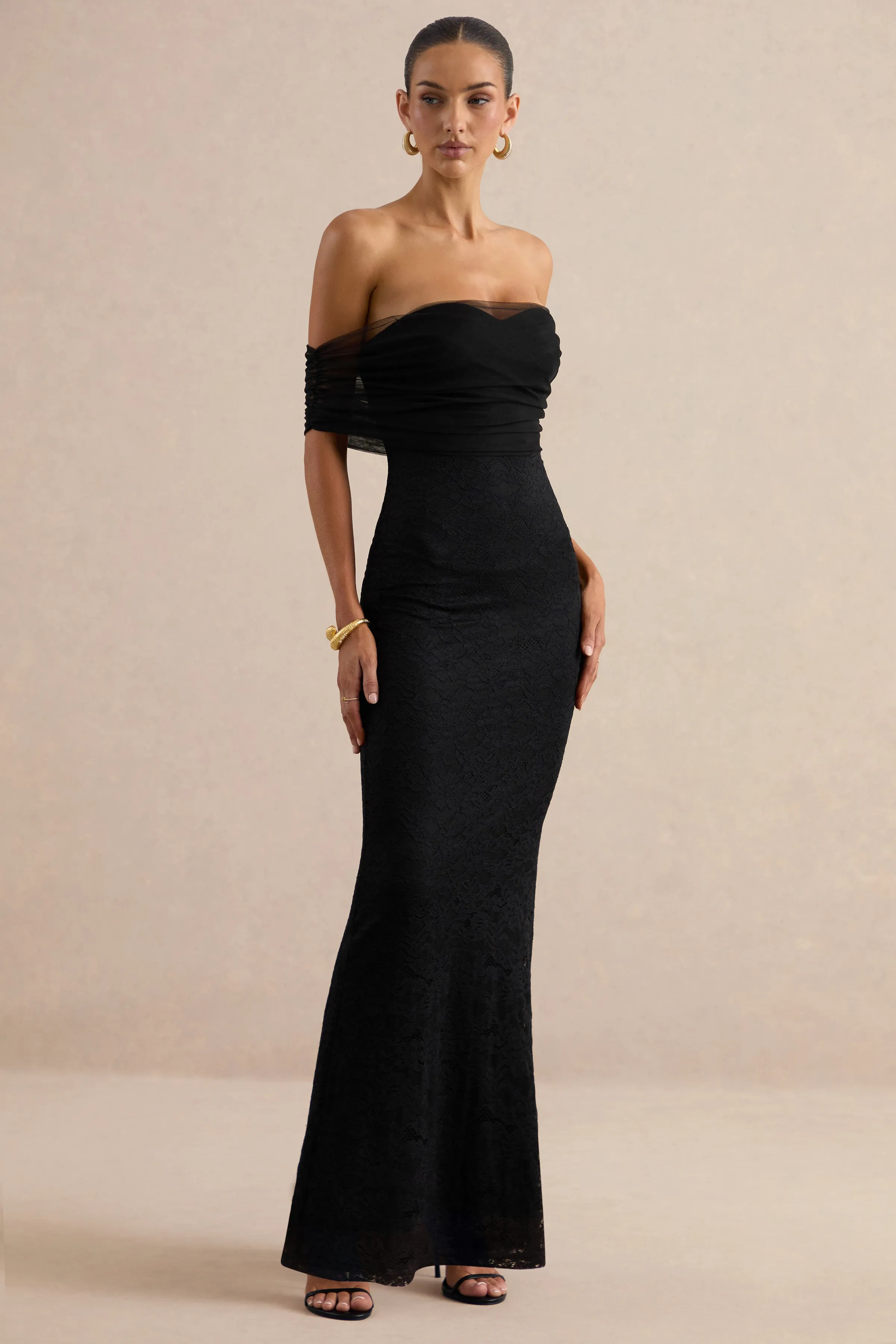 Novessa | Black Lace Bardot-Neck Maxi Dress sold by Club L London product image thumbnail 4