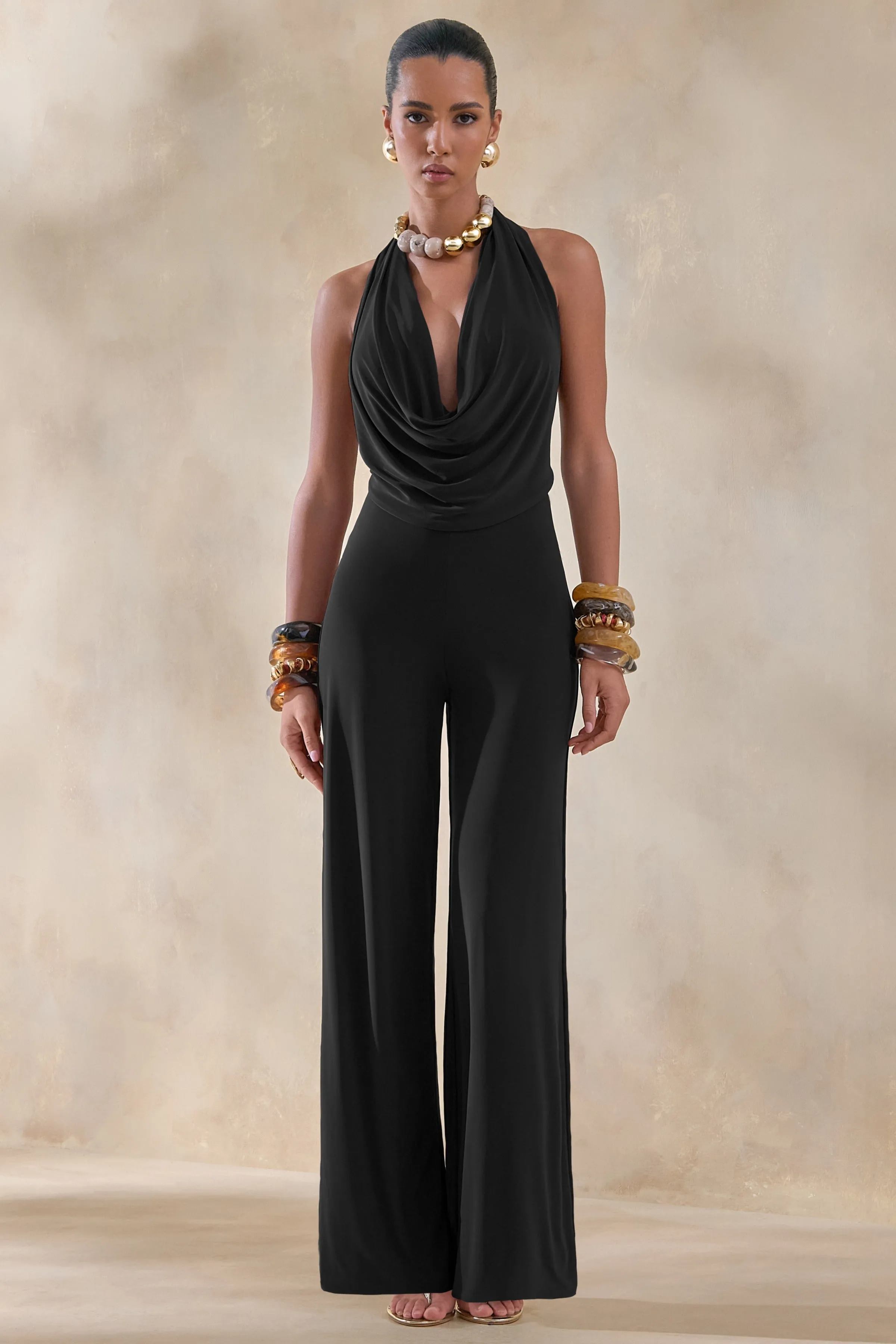Clemence | Black Plunge-Neck Jumpsuit sold by Club L London