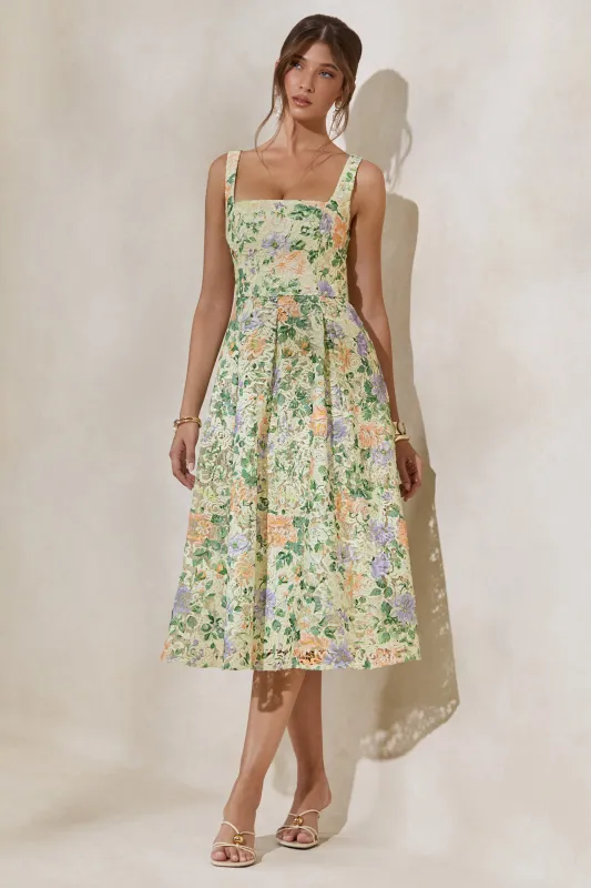 Lorielle | Lemon Floral Print Lace Square-Neck Midi Dress made by Club L London