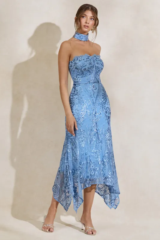 Galathea | Blue Lace Bandeau-Neck Midi Dress With Collar Detail made by Club L London