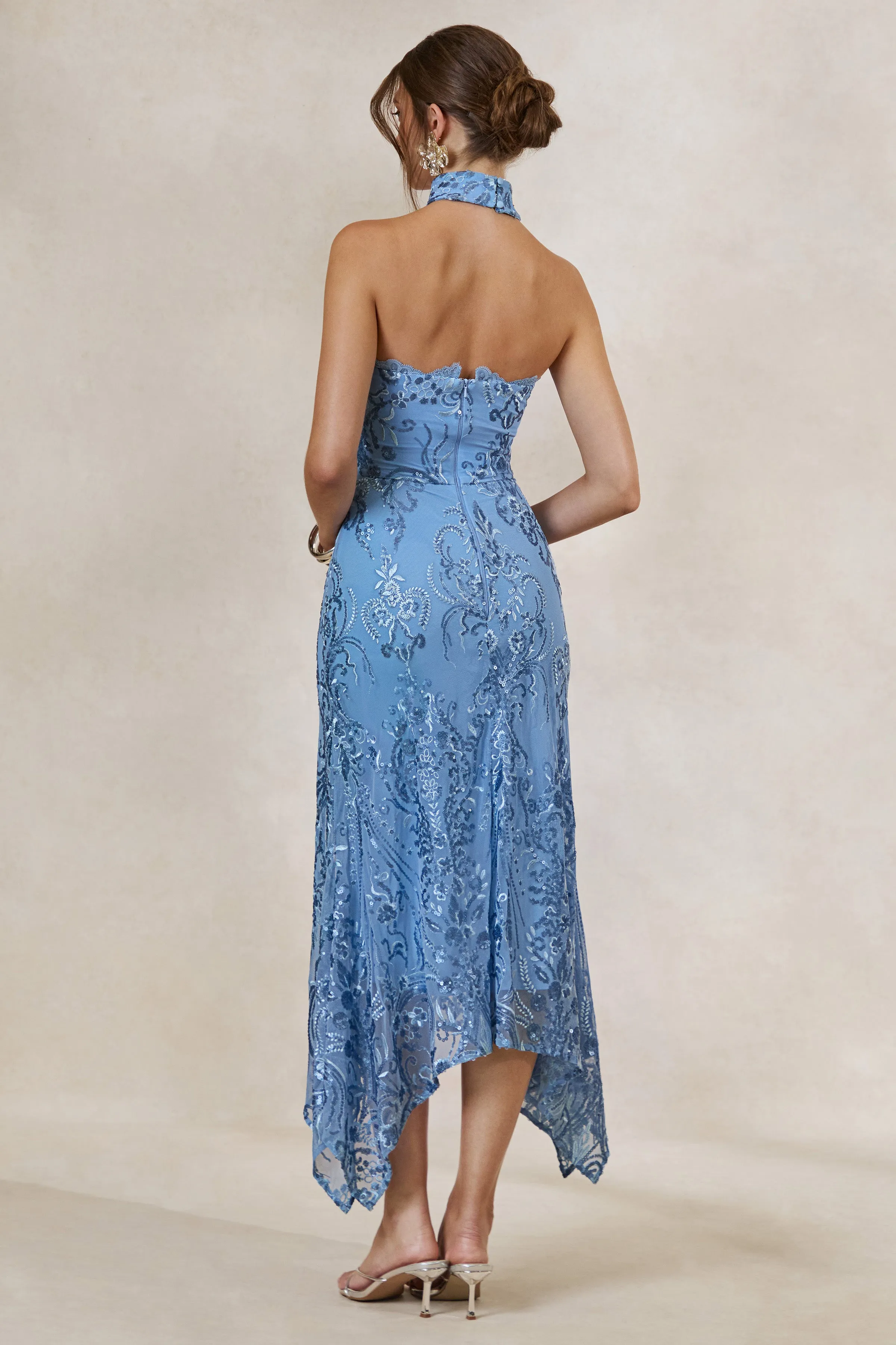 Galathea | Blue Lace Bandeau-Neck Midi Dress With Collar Detail sold by Club L London product image thumbnail 2