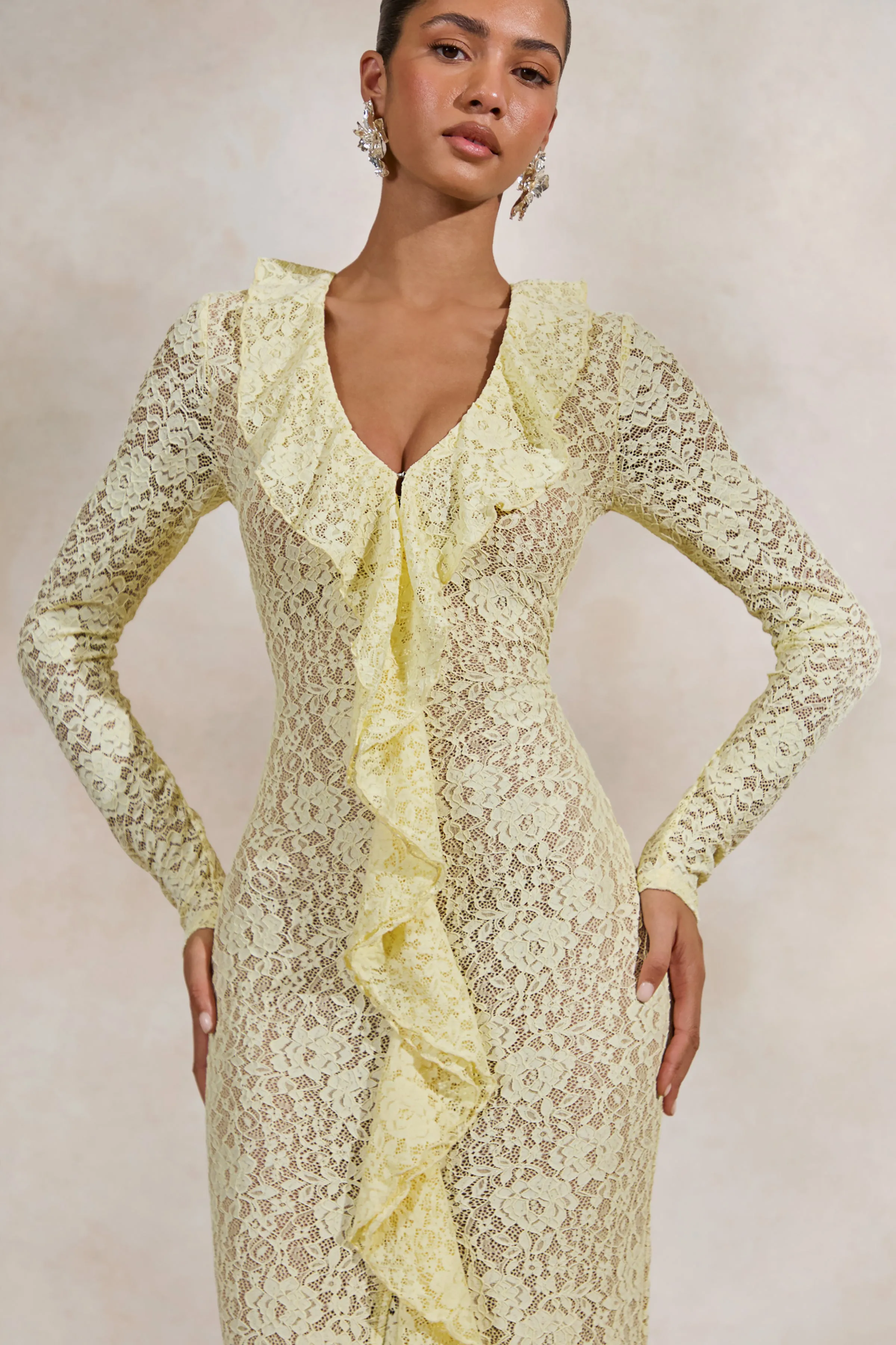 Exelia | Lemon Lace Plunge-Neck Maxi Dress With Long-Sleeves sold by Club L London product image thumbnail 4