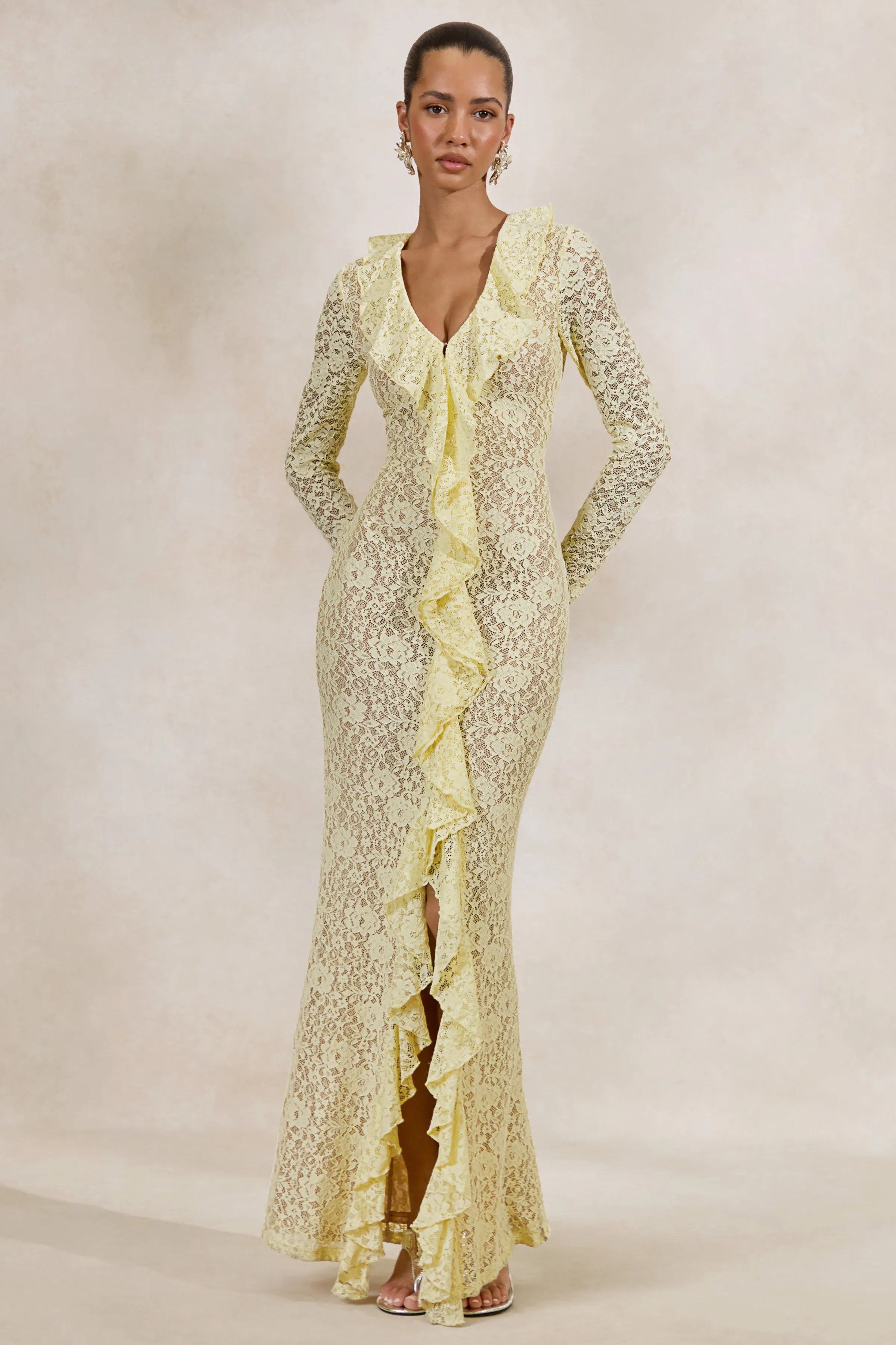 Exelia | Lemon Lace Plunge-Neck Maxi Dress With Long-Sleeves sold by Club L London product image thumbnail 5