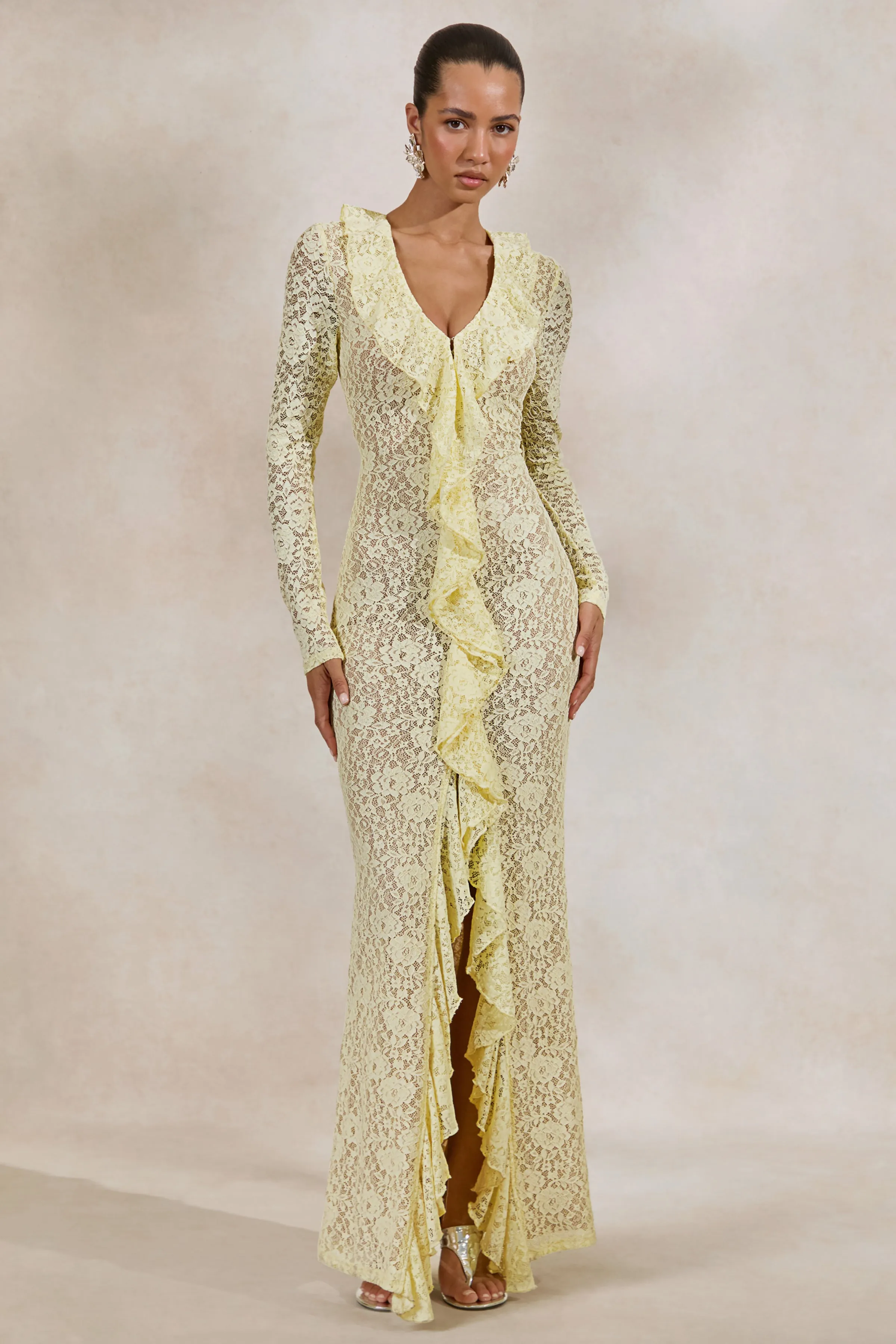 Exelia | Lemon Lace Plunge-Neck Maxi Dress With Long-Sleeves sold by Club L London product image thumbnail 2