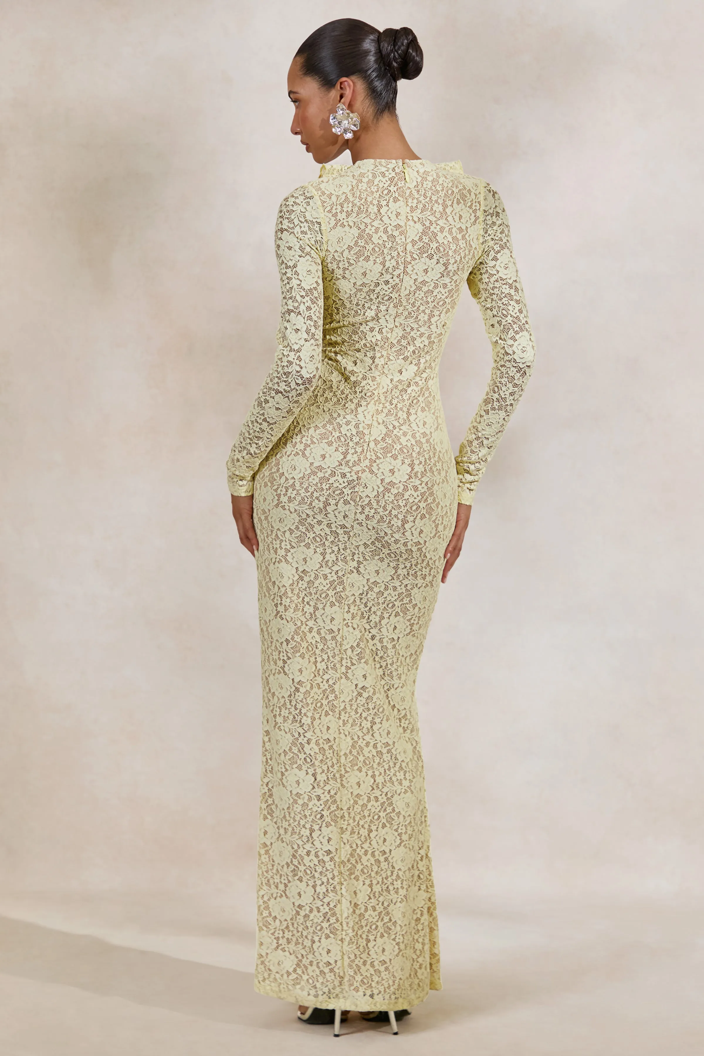 Exelia | Lemon Lace Plunge-Neck Maxi Dress With Long-Sleeves sold by Club L London product image thumbnail 3