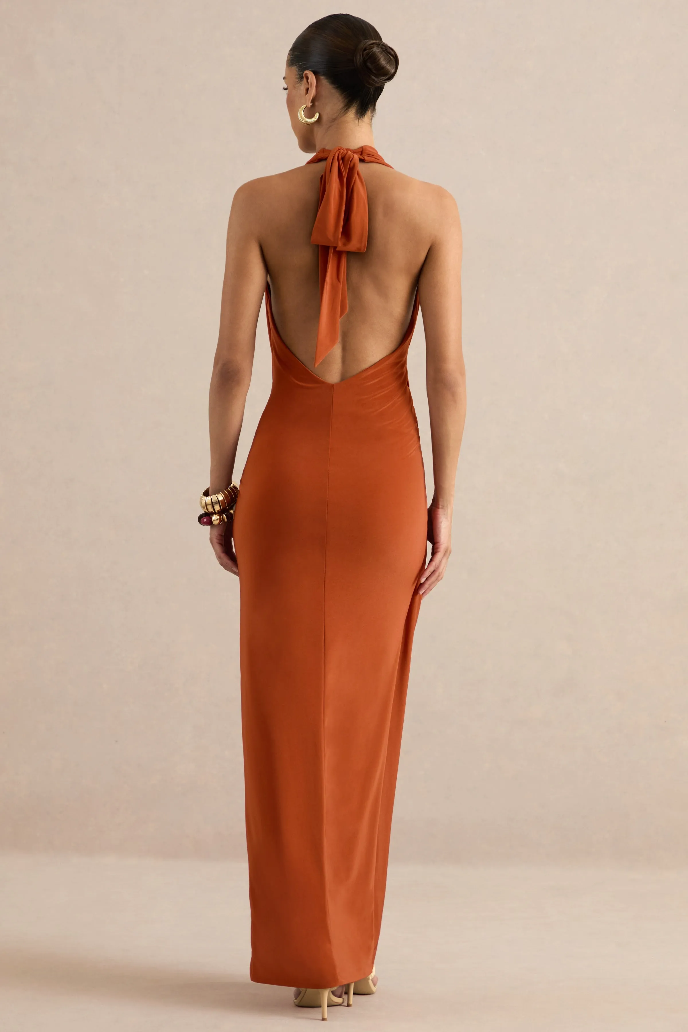 Azari | Rust Halter-Neck Wrap Maxi Dress With Gold Detail sold by Club L London product image thumbnail 2
